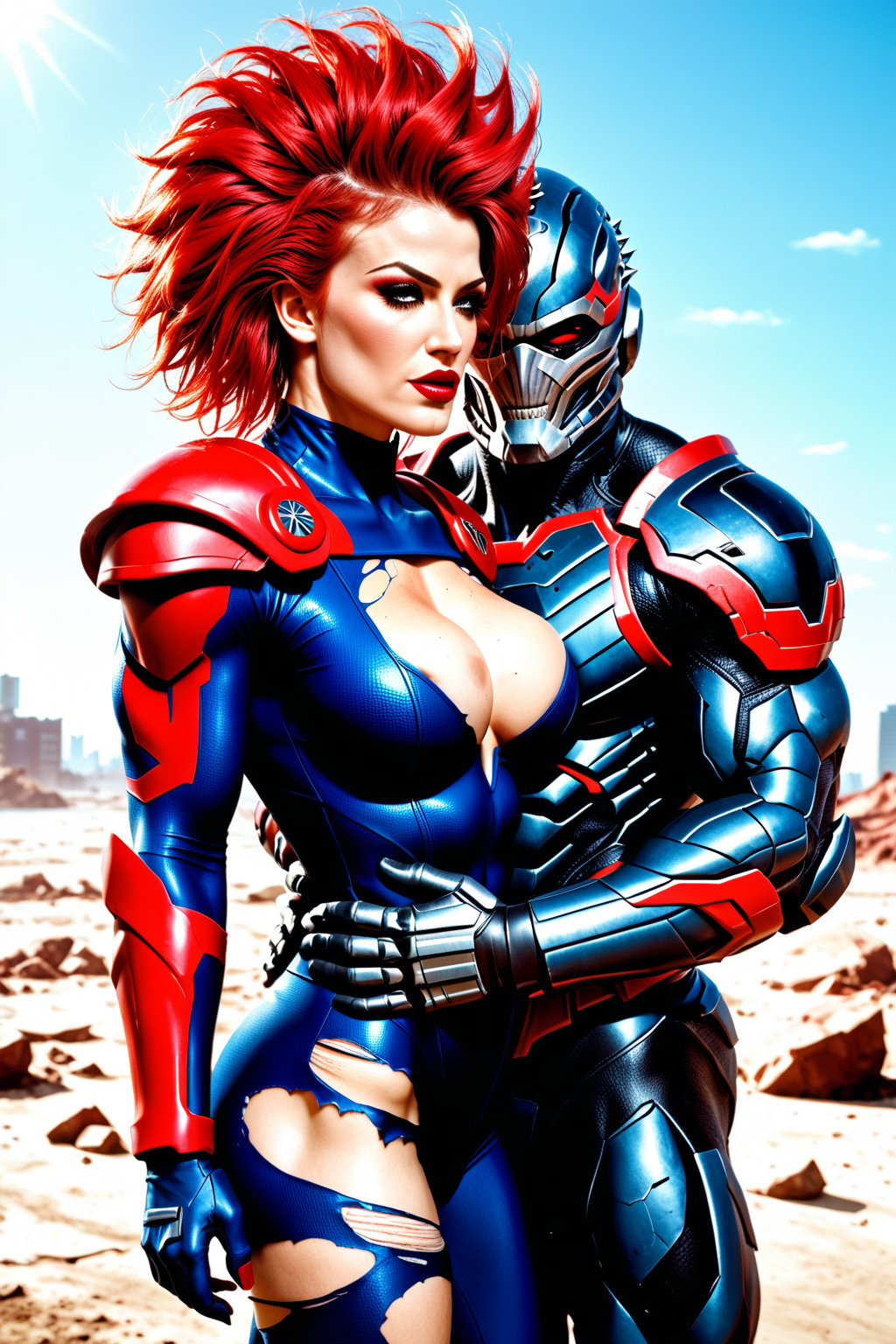 Dystopian war, Metal hurlant art style, (power couple:1.4), (a woman, extremly beautiful, ripped muscles, thicc ties, busty, red hair mistress, wearing ripped short bodysuit, shoulder pads:1.3), calm and assertive bad look, behind her back a (big alien bodyguard man, extremely muscled with light armor, spiked hair:1.3), (warfare:1.3), (futuristic dark sci-fi style, dystopian wasteland city background) , score_9_up, score_8_up, score_7_up,