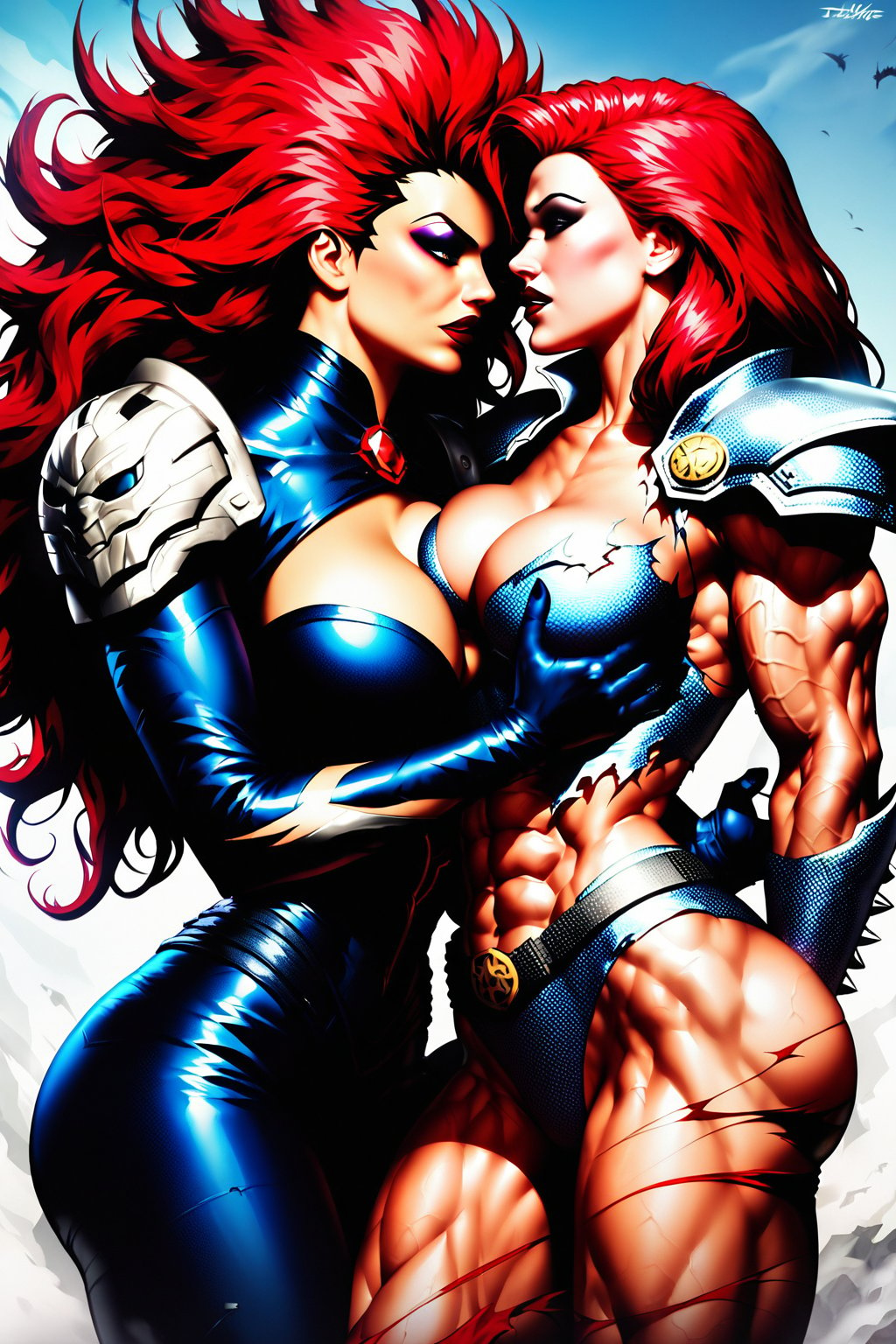 Dystopian war, Metal hurlant art style, (power couple:1.4), (a woman, extremly beautiful, ripped muscles, thicc ties, busty, red hair mistress, wearing ripped short bodysuit, shoulder pads:1.3), calm and assertive bad look, behind her back a (big alien bodyguard man, extremely muscled with light armor, spiked hair:1.3), (warfare:1.3), futuristic, dark sci-fi style, dystopian city scene, score_9_up, score_8_up, score_7_up,