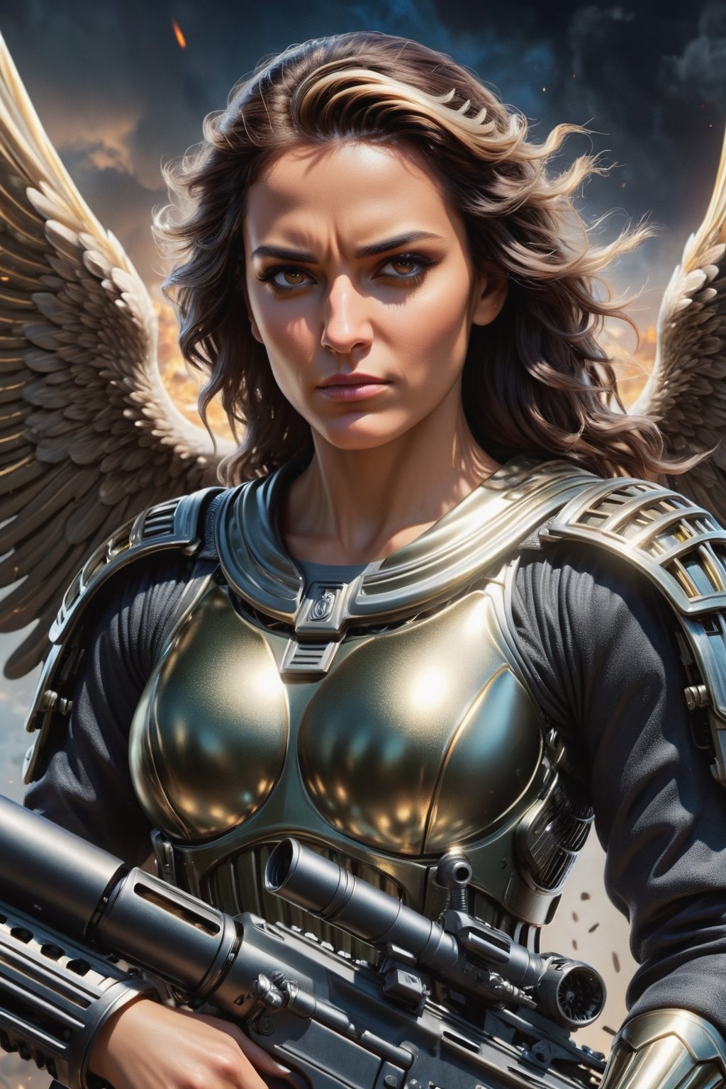 (Archangel Gabriela, angry face with a smirk :1.2), (armed with a realistic heavy machinegun:1.2), descending from the skies, 8k, dynamic lighting, hyperdetailed, intricately detailed, volumetric lighting, Canaletto photorealism movie poster, stunning, mythical being, energised, molecular textures, iridescent scales armor, breathtaking beauty, pure perfection, divine presence, unforgettable, impressive, auras, rays, reflects. 