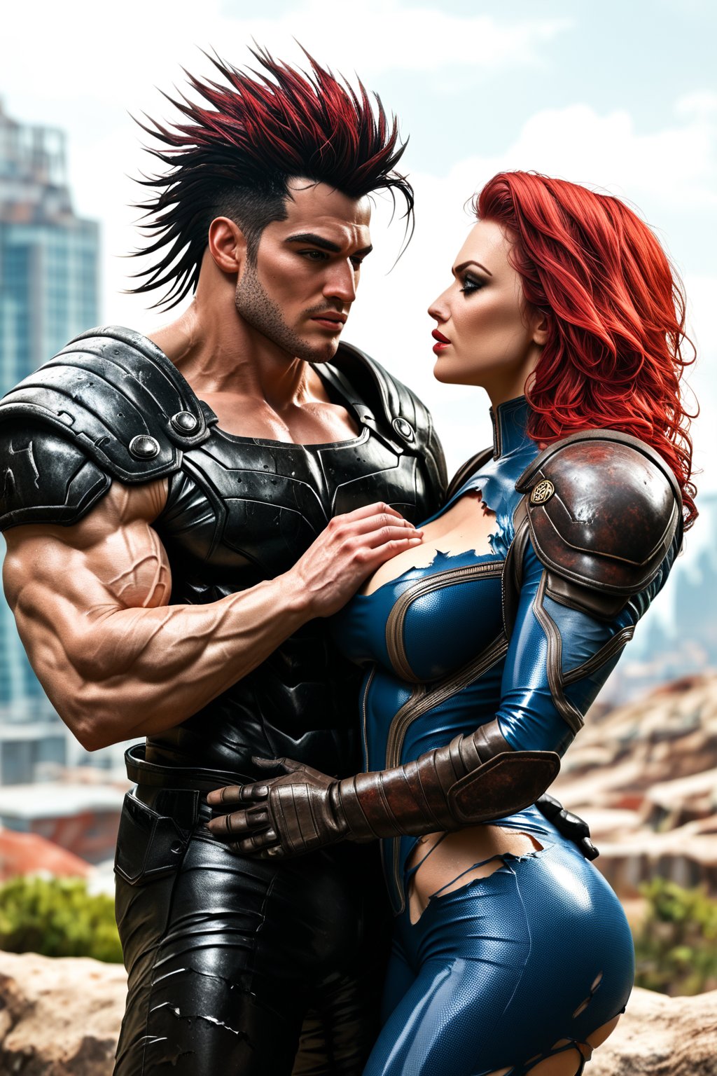 Dystopian war, Metal hurlant art style, (power couple:1.4), (a woman, extremly beautiful, ripped muscles, thicc ties, busty, red hair mistress, wearing ripped short bodysuit, shoulder pads:1.3), calm and assertive bad look, behind her back a (big alien bodyguard man, extremely muscled with light armor, spiked hair:1.3), (warfare:1.3), (futuristic dark sci-fi style, dystopian wasteland city background) , score_9_up, score_8_up, score_7_up,