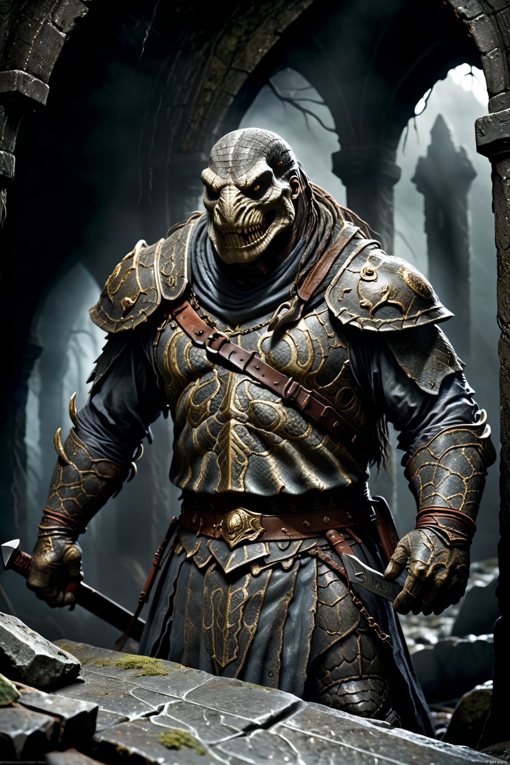 Dungeons & Dragons style art, (realistic Anthropomorphic monster Snake with human torso:1.3), Extremely muscled and bulky, (Immensely detailed Snake full body, Rough skin, Scaly skin, Textured skin:1.2), (wearing armor) and (one extra large blade sword in hand:1.3), rpg style, sharp focus, Immense detail, low light, (ancient dark gloomy dungeon filled with fog, bones, old rusty weapons:1.2), spider webs, aged, decayed, mossy, Chiaroscuro, action, (Glittering close up, reflective eyes, rim lighting, lights, detailed eyes), cinematic, hyperrealistic art, extremely high-resolution details, photographic, realism pushed to extreme, fine texture, incredibly lifelike, dark, 