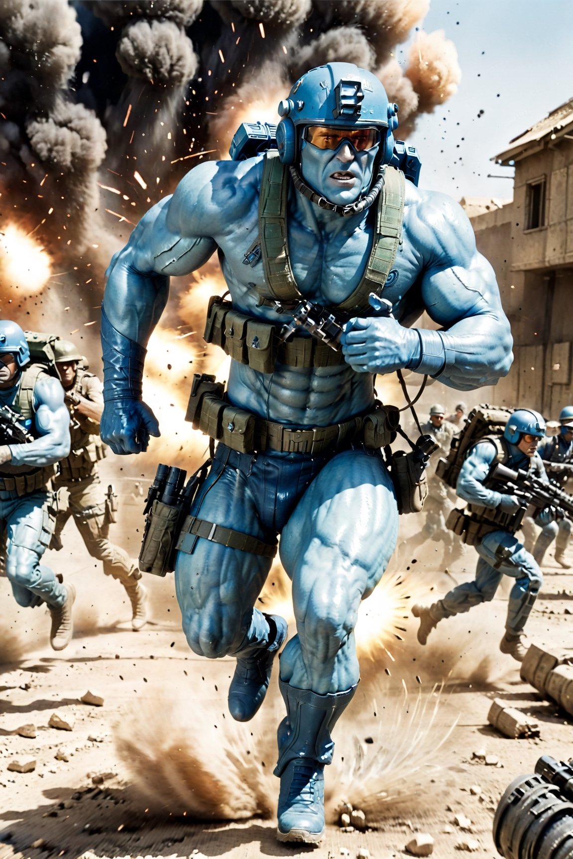 2000AD style, (Rogue Trooper:1.2), (muscular:1.2), blue skin, military sci-fi, (running in a battlefield:2), Dynamic motion blur, Laser sharp Immense detail, fov, full shot,NightmareFlame