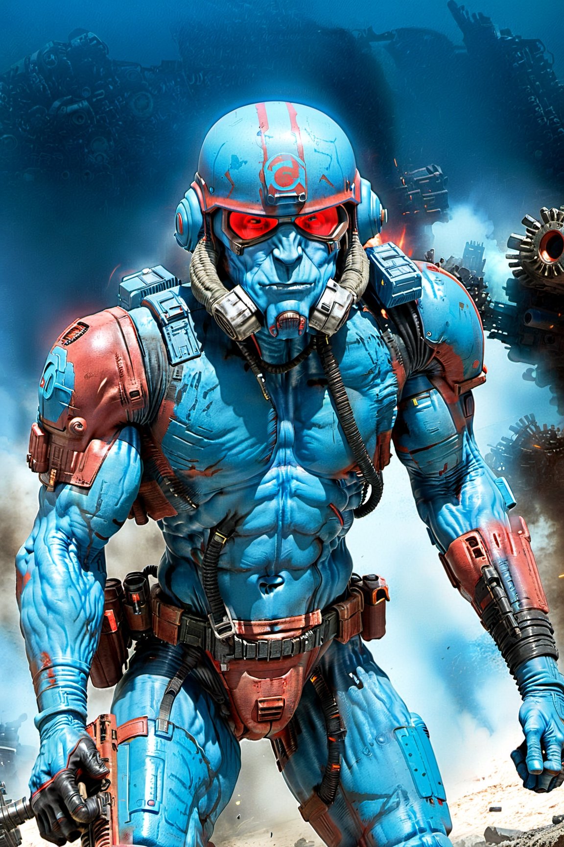 2000AD (Rogue Trooper:2), (ripped and muscular:1.5), blue skin, military sci-fi, Dynamic motion blur, Laser sharp Immense detail, fov,full shot ,Movie Still,photo r3al,