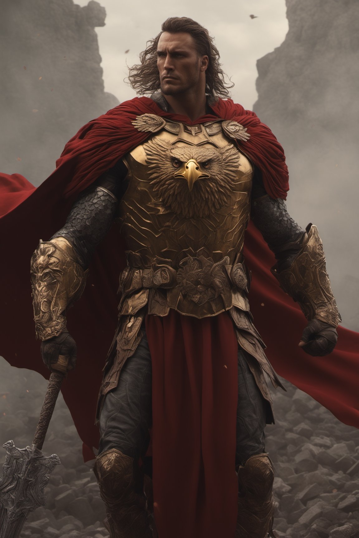 Full body picture, additional art by simon bisley, joe madureira, Artgerm, Yoann Lossel, (Roman Centurion), bronze armor, red cape, (holding SPQR eagle staff:1.5), (standing tall over the battlefield), strong, rebellious, grunge, highly artistic, rough textures, incredible masterpiece, octane render, photorealism, hyperrealism, intricate details, ultra skin intricate clothes accurate hands, macro image detailed, shots, badass look, action, perfect eyes, best quality, extremely sharp focus face, analog fine film grain, cinematic, realistic, trending artstation, focus, studio photo, details, highly rutkowski, intricate, busy, raw, 4k, 8k, isometric, digital smog, 3d render, octane volumetrics, artwork masterpiece, ominous, matte painting movie poster, golden ratio, cgsociety,Ultron 