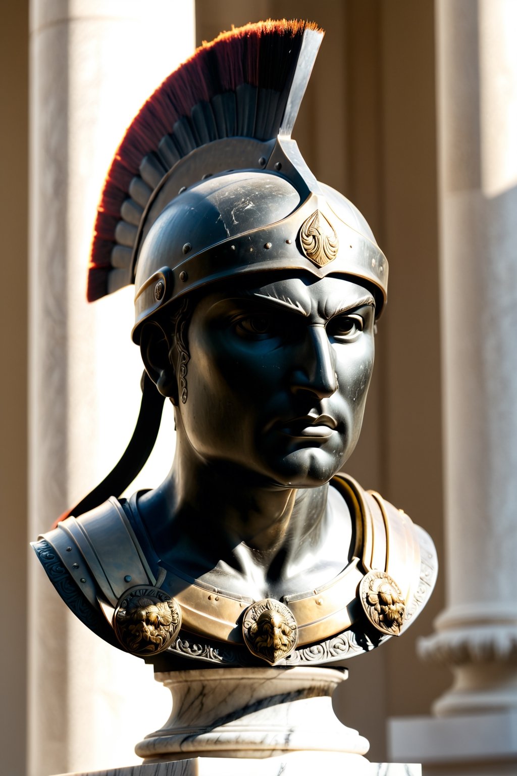 Spartan warrior cast as a bronze bust statue, positioned centrally on a marble pedestal flanked by Corinthian columns, intricate detail on the helmet plume, patina accentuating the warrior's stern features, armor embossed with historical motifs, in a grand hall with sunlight filtering through high arching windows casting soft shadows, dramatic lighting, high dynamic range, 8k resolution. 