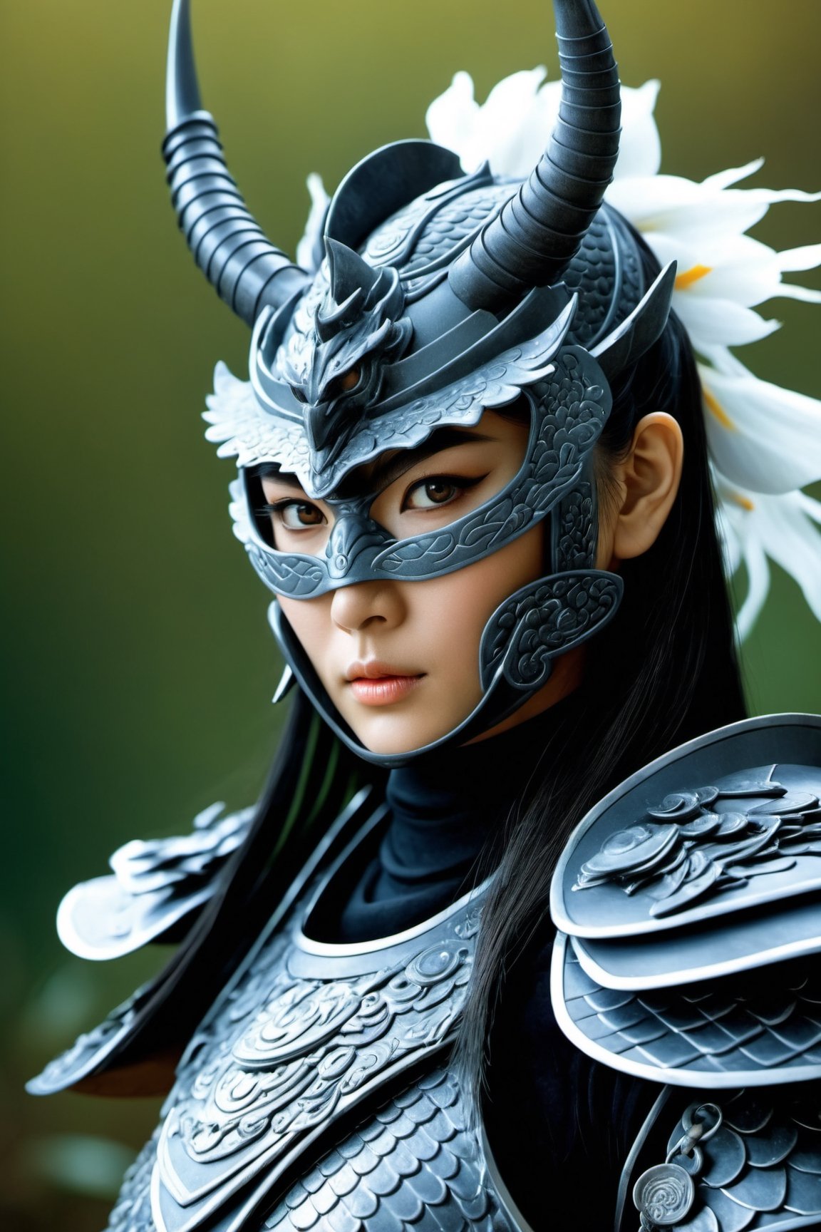 Unsplash by Karol Bak, luis royo, Peter Mohrbacher, Derrick Che, (realistic samurai shogun:1.3), (dark matte grey dragon armour:1.3), (rage mask, white iris eyes:1.2), Extremely Realistic, cinematic moviemaker style,real