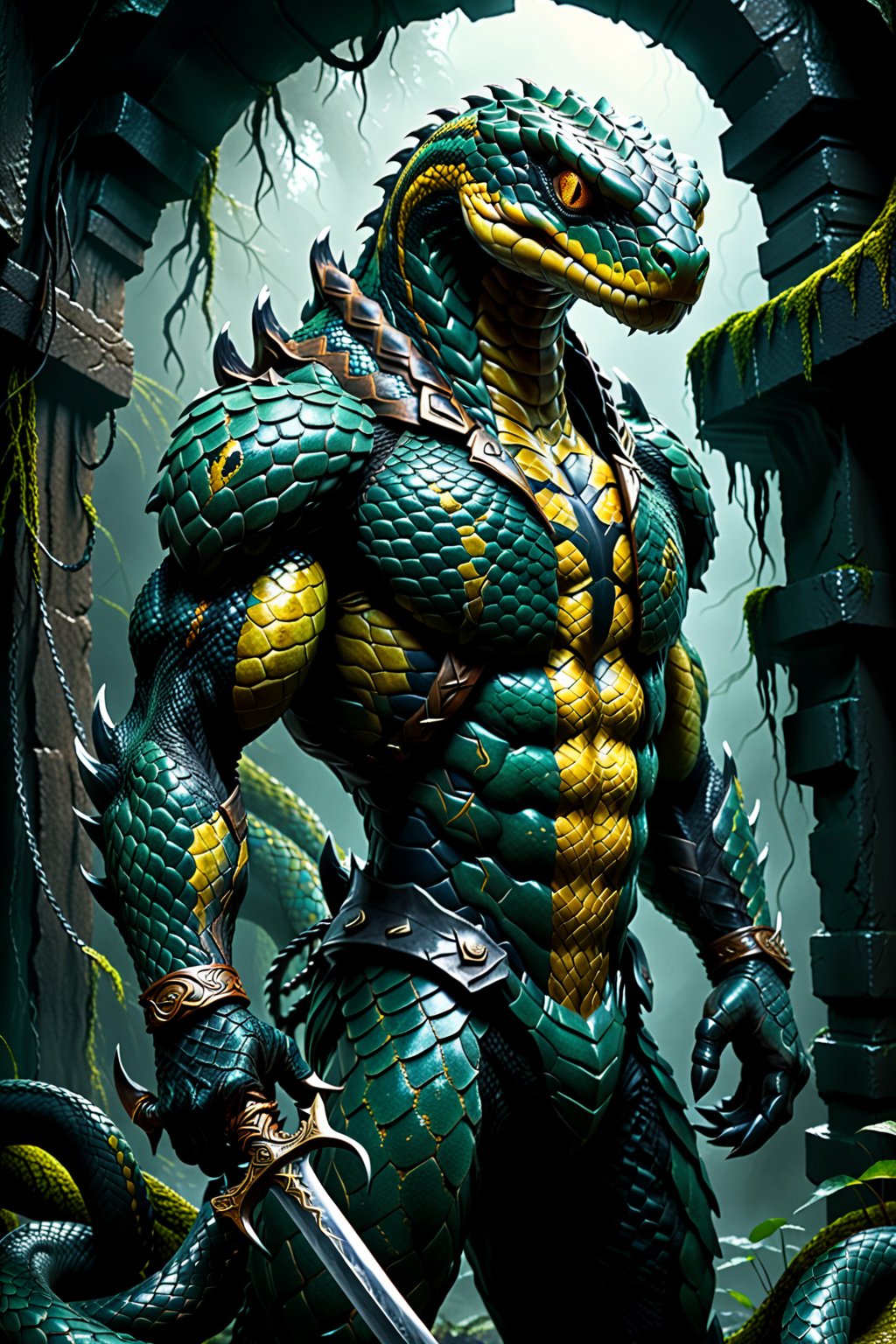 Dungeons & Dragons style art, (realistic Anthropomorphic monster Snake with human torso:1.3), (Immensely detailed Snake full body, Rough skin, Scaly skin, Textured skin:1.2), (wearing armor and one extra large blade sword in hand:1.2), rpg style, sharp focus, Immense detail, low light, (ancient dark gloomy dungeon filled with fog, bones, old rusty swords and axes:1.2), spider webs, aged, decayed, mossy, Chiaroscuro, action, (Glittering close up, reflective eyes, rim lighting, lights, detailed eyes), cinematic, hyperrealistic art, extremely high-resolution details, photographic, realism pushed to extreme, fine texture, incredibly lifelike, reflective, 