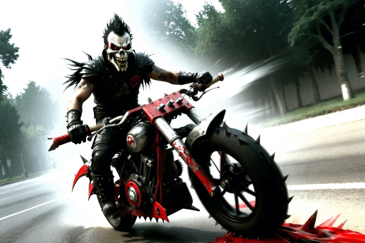 The caped Chainsaw biker, grotesquery, dark, eerie, hellish motorcycle, art by Yoann Lossel, spikes on wheels, bloody Macabre, 2000 AD comic style, red image filter, 3d ground view, High speed Slow motion, Dynamic motion blur, fisheye cam, dslr, raw photography, cinematic motion. 