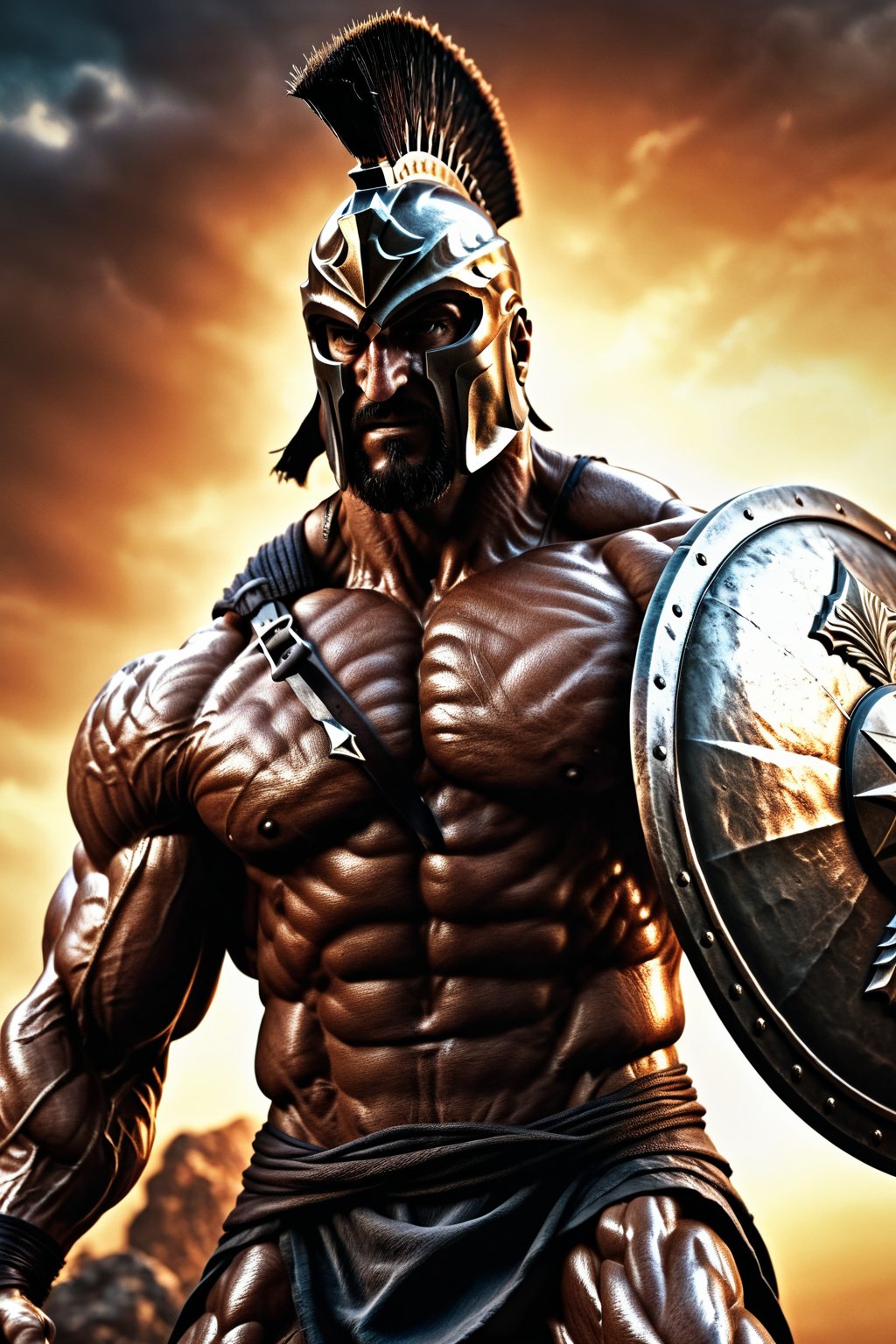 photo realism, 15mm wide-angle lens, masterpiece Art by Joe Jusko and joe madureira, (Extremely perfect, exagerated muscled anatomy:1.4), (Greek hoplite Spartan, holding a spear and shield:1.3), ultra photoreal, photographic, concept art, cinematic lighting, cinematic composition, ultra-detailed, ultra-realistic, photorealism, 8k, octane render, cinematic, realistic, highly detailed, UHD, perfect composition, beautiful, intricate, insanely detailed, rays, reflects. ,nodf_xl