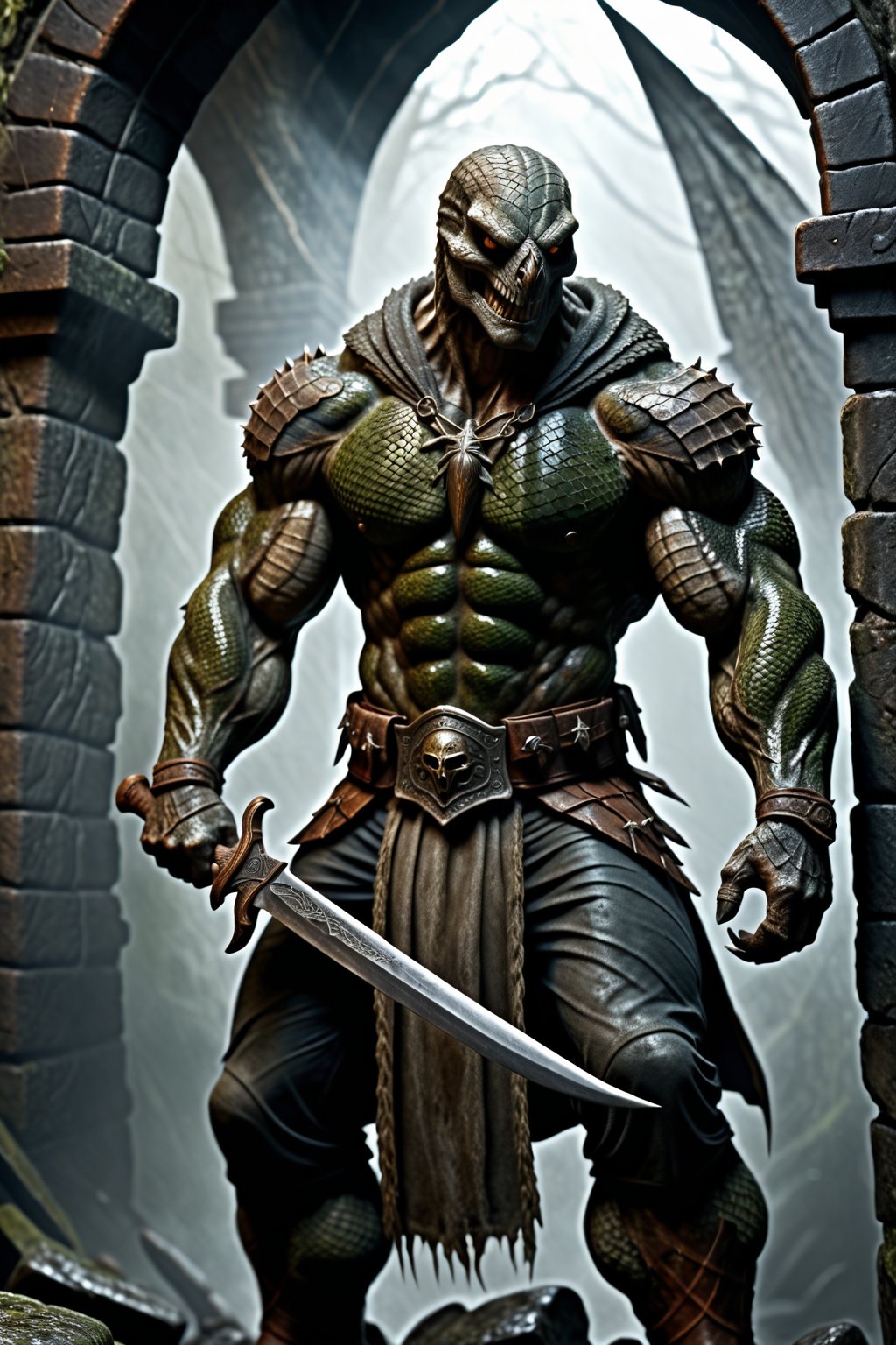 Dungeons & Dragons style art, (realistic Anthropomorphic monster Snake with human torso:1.3), Extremely muscled and bulky, (Immensely detailed Snake full body, Rough skin, Scaly skin, Textured skin:1.2), (wearing armor) and (one extra large blade sword in hand:1.3), rpg style, sharp focus, Immense detail, low light, (ancient dark gloomy dungeon filled with fog, bones, old rusty weapons:1.2), spider webs, aged, decayed, mossy, Chiaroscuro, action, (Glittering close up, reflective eyes, rim lighting, lights, detailed eyes), cinematic, hyperrealistic art, extremely high-resolution details, photographic, realism pushed to extreme, fine texture, incredibly lifelike, dark, 