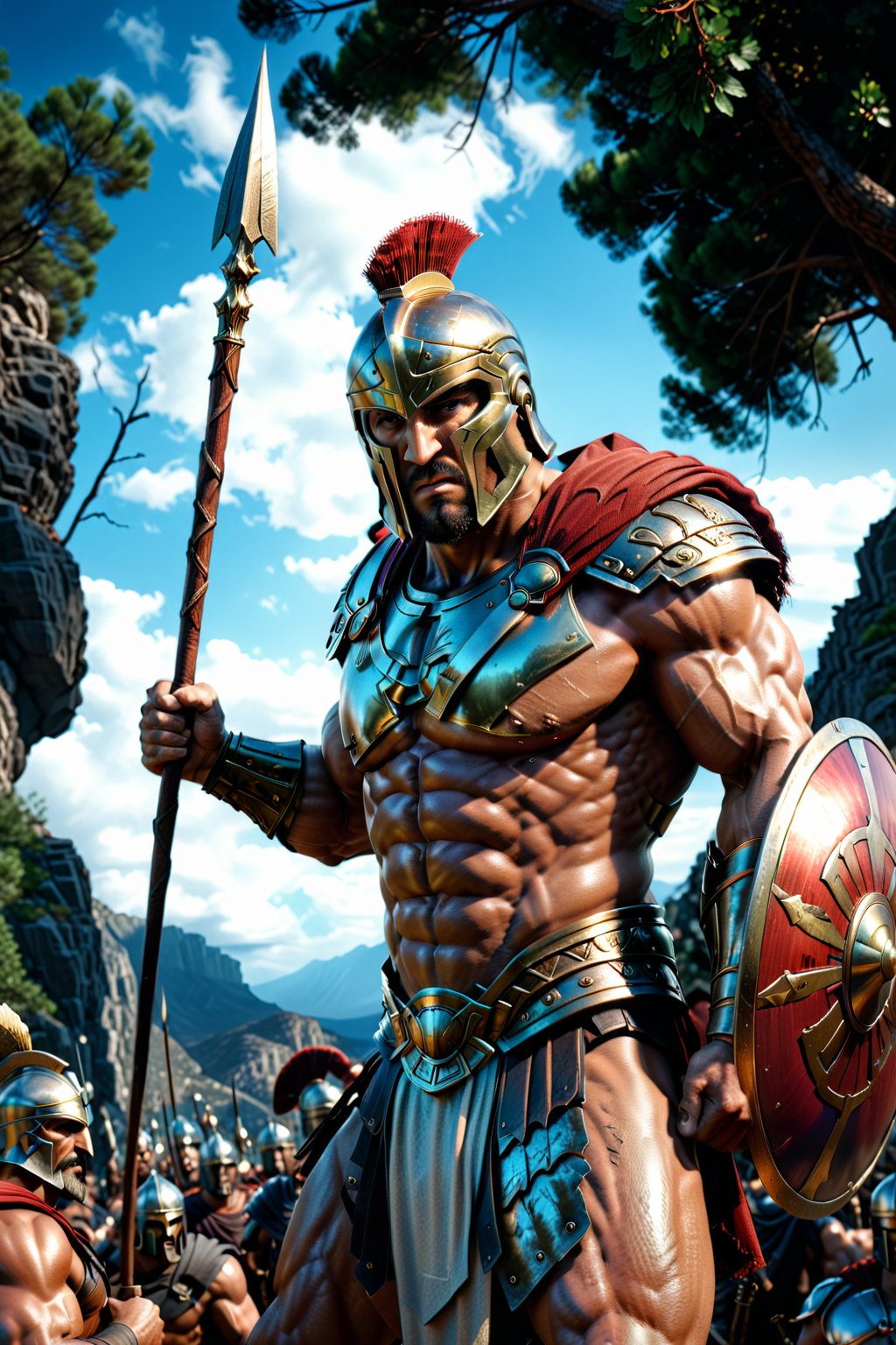 photo realism, 15mm wide-angle lens, masterpiece Art by Joe Jusko and joe madureira, (Extremely perfect, exagerated muscled anatomy:1.4), (Greek hoplite Spartan, holding a spear and shield:1.3), ultra photoreal, photographic, concept art, cinematic lighting, cinematic composition, ultra-detailed, ultra-realistic, photorealism, 8k, octane render, cinematic, realistic, highly detailed, UHD, perfect composition, beautiful, intricate, insanely detailed, rays, reflects. 