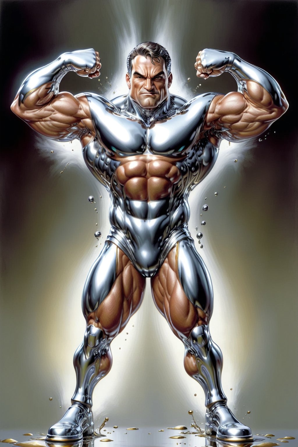 Photorealism, 8k, sharpest detail, (Man with (full) body made of chrome:1.2), heroic front posing as bodybuilder, arms up, perfect anatomy and musculature, masterpiece art by joe madureira and joe jusko, (reflective:1.2). 