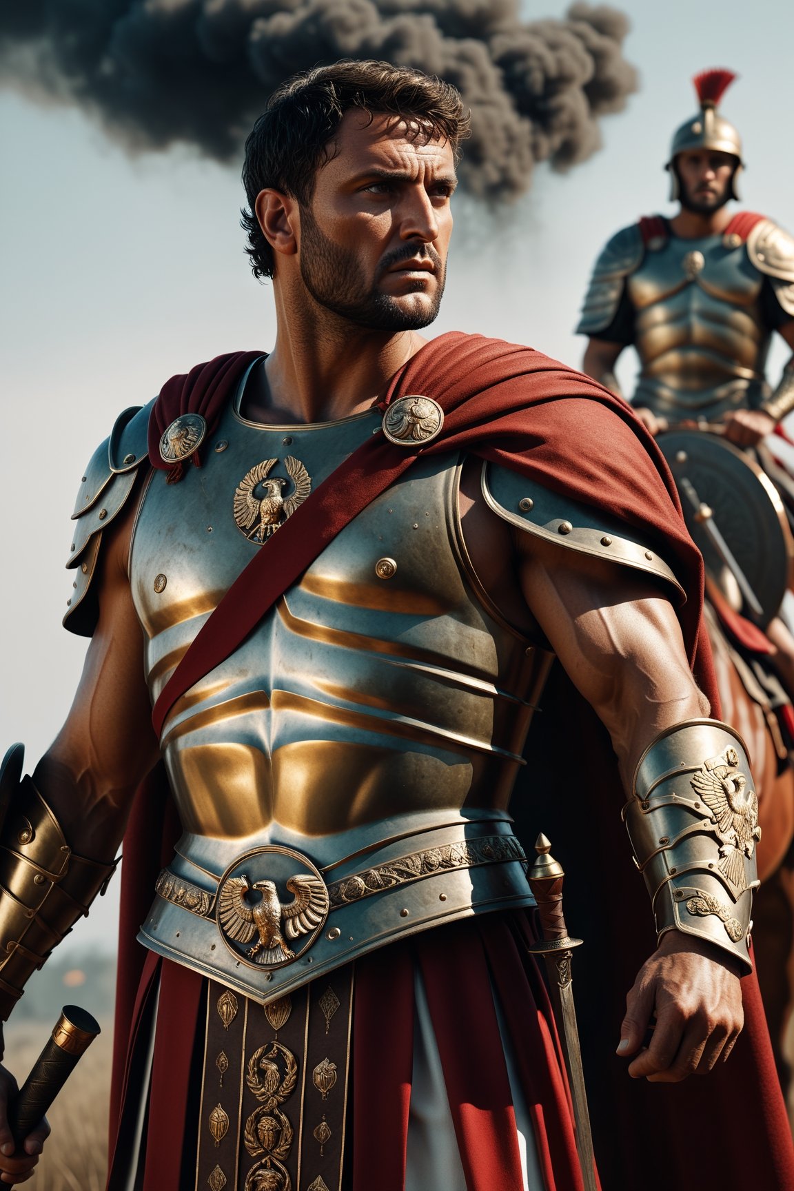 (Roman Centurion), bronze armor, red cape, (holding SPQR eagle staff:1), (standing tall over the battlefield), full shot, strong, rebellious, grunge, highly artistic, rough textures, incredible masterpiece, octane render, photorealism, hyperrealism, intricate details, ultra skin intricate clothes accurate hands, macro image detailed, shots, badass look, action, perfect eyes, best quality, extremely sharp focus face, analog fine film grain, cinematic, realistic, trending artstation, focus, studio photo, details, highly rutkowski, intricate, busy, raw, 4k, 8k, isometric, digital smog, 3d render, octane volumetrics, artwork masterpiece, ominous, matte painting movie poster, golden ratio, cgsociety,make_3d