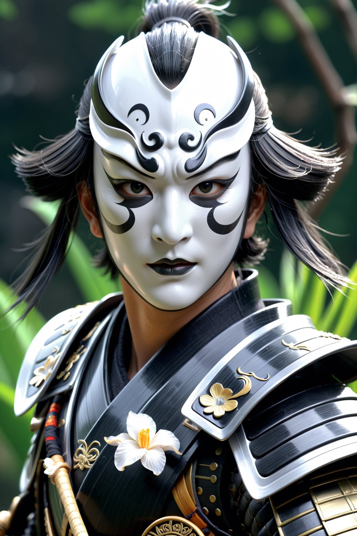 Unsplash by Karol Bak, luis royo, Peter Mohrbacher, Derrick Che, (realistic samurai shogun:1.3), (dark grey koi armour:1.3), (rage mask, white iris eyes:1.2), ZBrush final render, additional Blender details, Realistic 3d effect, smooth lines, whimsical, Extremely Realistic, 