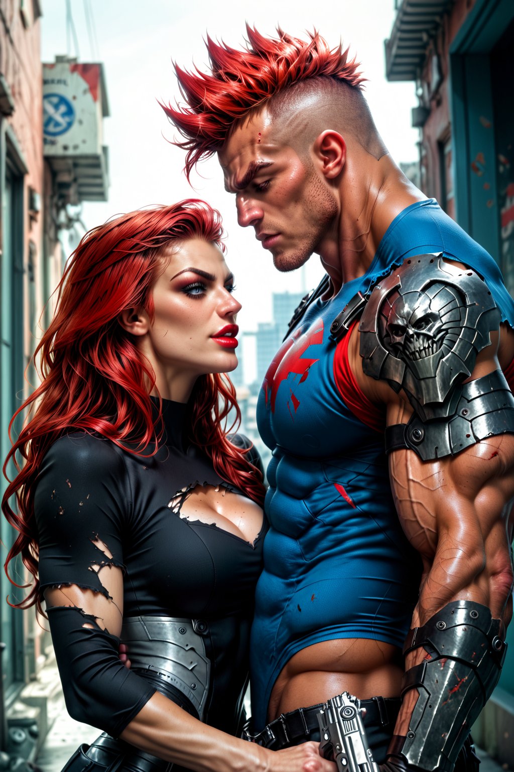 In love, Metal hurlant art style, (power couple:1.4), (woman, extremly beautiful and ripped muscled, red hair mistress, wearing ripped clothes, calm and assertive look:1.3), And a (big alien man, extremely muscled with light armor, spiked hair, with a huge heavy sci-fi gun:1.3), futuristic dark sci-fi style, dystopian city scene, score_9_up, score_8_up, score_7_up,