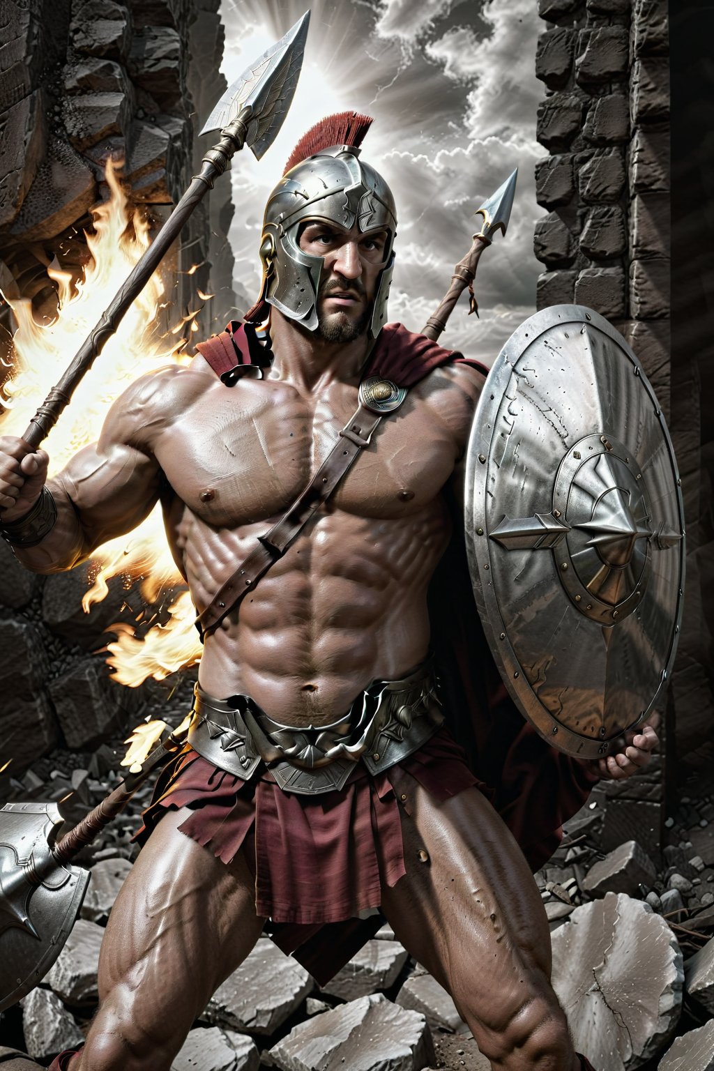 photo realism, 15mm wide-angle lens, masterpiece Art by Joe Jusko and joe madureira, (Extremely perfect, exagerated muscled anatomy:1.4), (Greek hoplite Spartan, holding a spear and shield:1.3), ultra photoreal, photographic, concept art, cinematic lighting, cinematic composition, ultra-detailed, ultra-realistic, photorealism, 8k, octane render, cinematic, realistic, highly detailed, UHD, perfect composition, beautiful, intricate, insanely detailed, rays, reflects. 