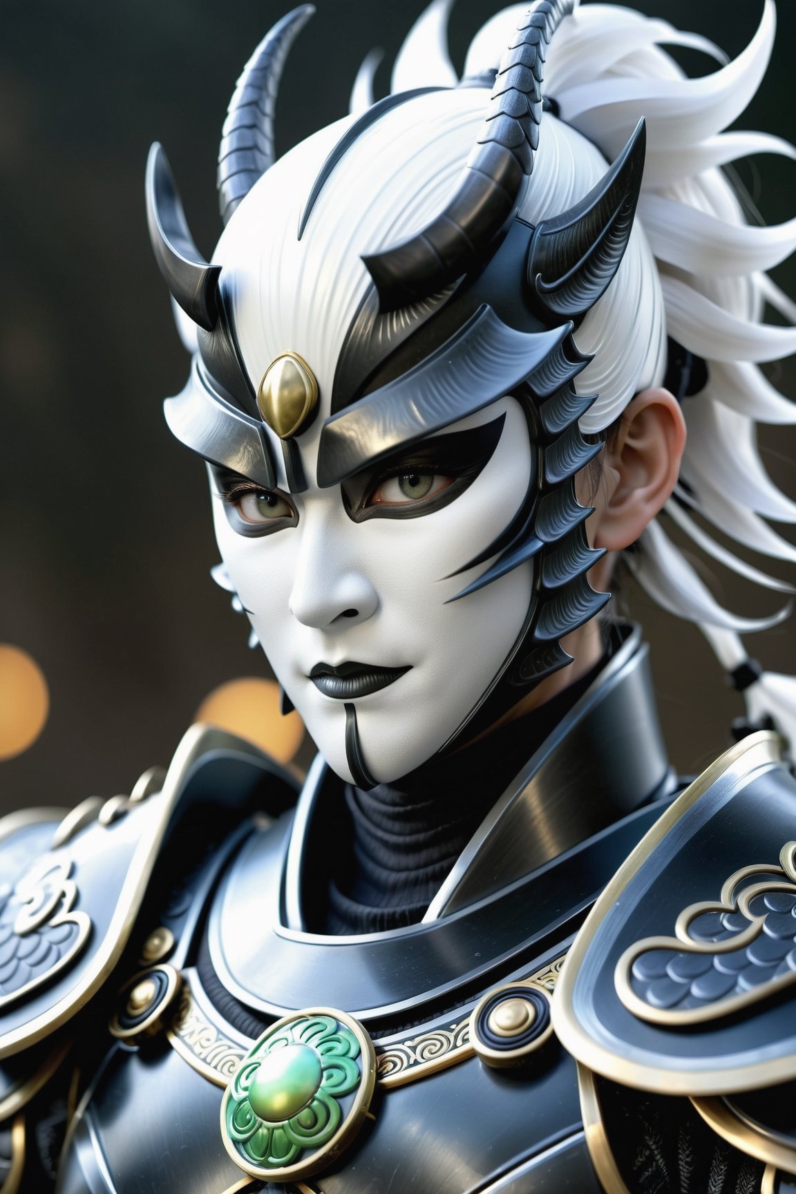 Unsplash by Karol Bak, luis royo, Peter Mohrbacher, Derrick Che, (realistic samurai shogun:1.3), (dark matte grey dragon armour:1.3), (rage mask, white iris eyes:1.2), ZBrush final render, additional Blender details, Realistic 3d effect, Extremely Realistic, cinematic moviemaker style