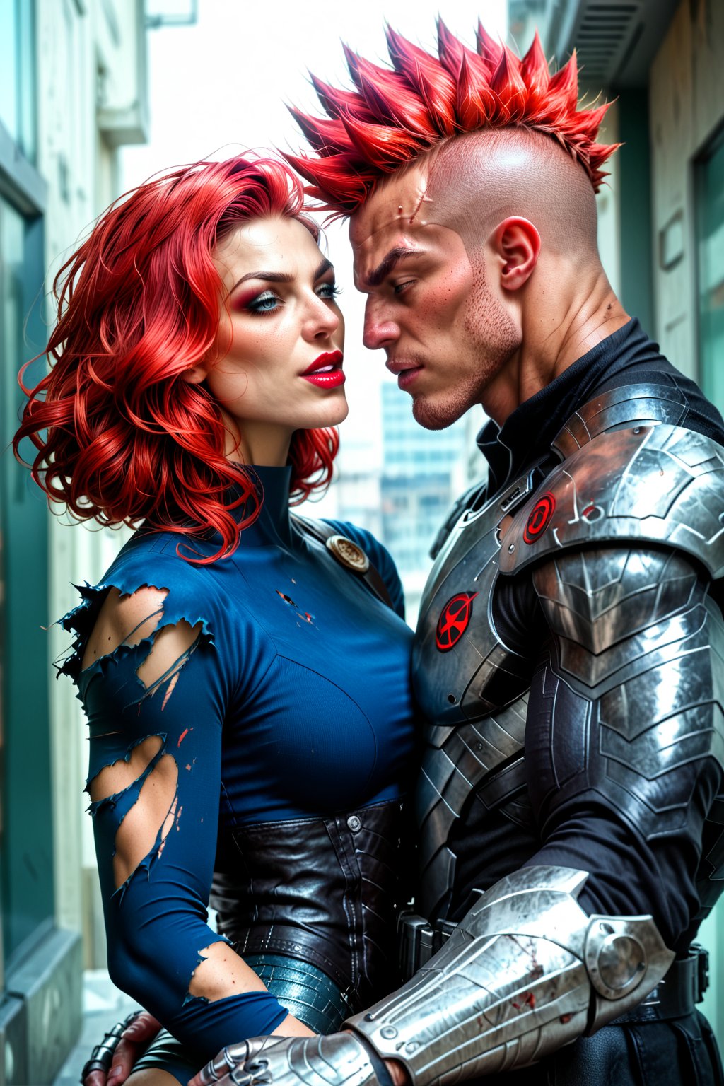 In love, Metal hurlant art style, (power couple:1.4), (woman, extremly beautiful and ripped muscled, red hair mistress, wearing ripped clothes, calm and assertive look:1.3), behind her a (big alien man, extremely muscled with light armor, spiked hair, with a huge heavy sci-fi gun:1.3), futuristic dark sci-fi style, dystopian city scene, score_9_up, score_8_up, score_7_up,