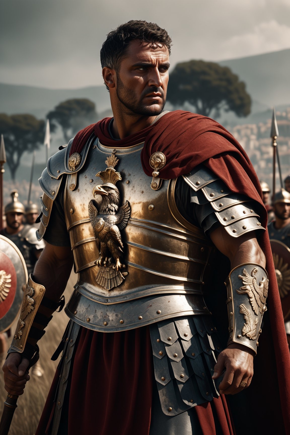 Full body picture, (Roman Centurion), bronze armor, red cape, (holding SPQR eagle staff:1.5), (standing tall over the battlefield), strong, rebellious, grunge, highly artistic, rough textures, incredible masterpiece, octane render, photorealism, hyperrealism, intricate details, ultra skin intricate clothes accurate hands, macro image detailed, shots, badass look, action, perfect eyes, best quality, extremely sharp focus face, analog fine film grain, cinematic, realistic, trending artstation, focus, studio photo, details, highly rutkowski, intricate, busy, raw, 4k, 8k, isometric, digital smog, 3d render, octane volumetrics, artwork masterpiece, ominous, matte painting movie poster, golden ratio, cgsociety,detailmaster2