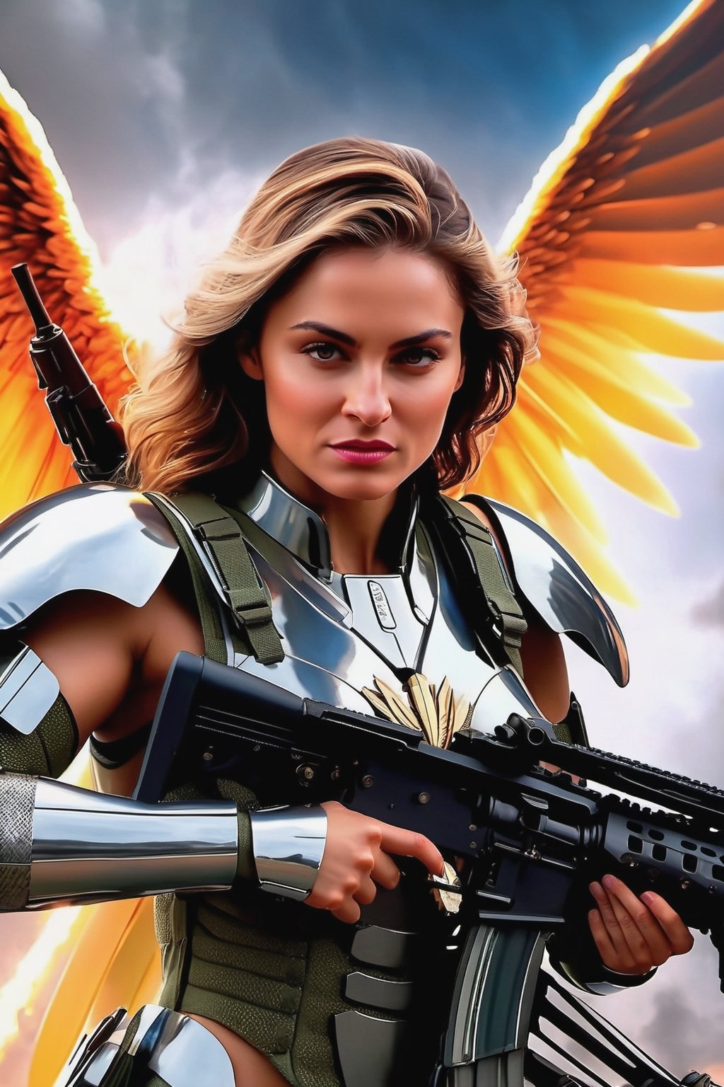 (Archangel Gabriela, angry face with a smirk :1.2), (armed with a realistic heavy machinegun:1.2), descending from the skies, 8k, dynamic lighting, hyperdetailed, intricately detailed, volumetric lighting, Canaletto photorealism movie poster, stunning, mythical being, energised, molecular textures, iridescent scales armor, breathtaking beauty, pure perfection, divine presence, unforgettable, impressive, auras, rays, reflects. 