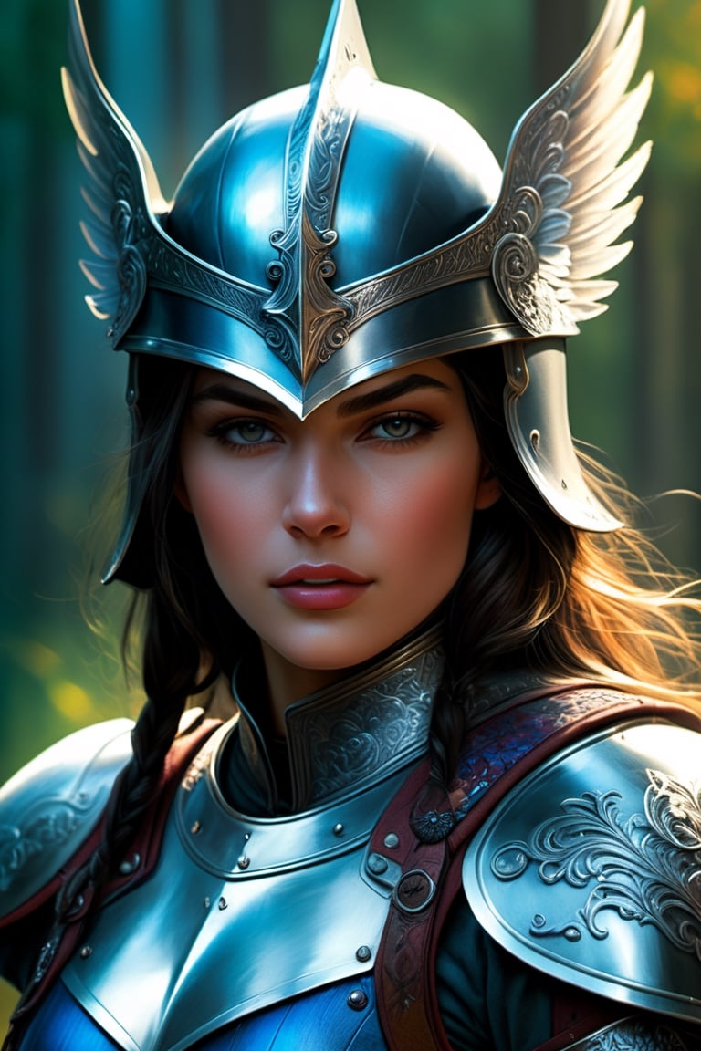 Pencil art by Artgerm, colors by Karol Bak, hdr photo, High dynamic range, vivid, rich details, clear shadows and highlights, realistic, intense, enhanced contrast, highly detailed, (winged helmet:2) , Blade warrior Knight, light blue armor, (both hands rest over a big large broad sword:2) in front, standing tall sentry pose, dark fog forest scenery, photoreal, photographic, concept art, cinematic lighting, cinematic composition, rule of thirds , mysterious, eerie, cinematic lighting, ultra-detailed, ultrarealistic, photorealism, 8k, octane render, sf, cinematic, digital art, colorful, wlop, artgerm and james jean, ultra hd, realistic, vivid colors, highly detailed, UHD drawing, perfect composition, beautiful detailed intricate insanely detailed, rays, vivid colors reflects, luminism, cowboy shot, detailmaster2, 