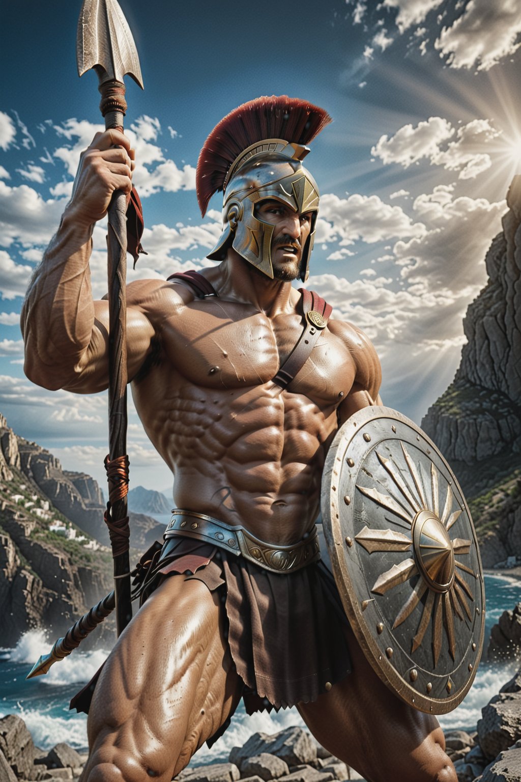 photo realism, 15mm wide-angle lens, masterpiece Art by Joe Jusko and joe madureira, (Extremely perfect, exagerated muscled anatomy:1.4), (Greek hoplite Spartan, holding a spear and shield:1.3), ultra photoreal, photographic, concept art, cinematic lighting, cinematic composition, ultra-detailed, ultra-realistic, photorealism, 8k, octane render, cinematic, realistic, highly detailed, UHD, perfect composition, beautiful, intricate, insanely detailed, rays, reflects. 