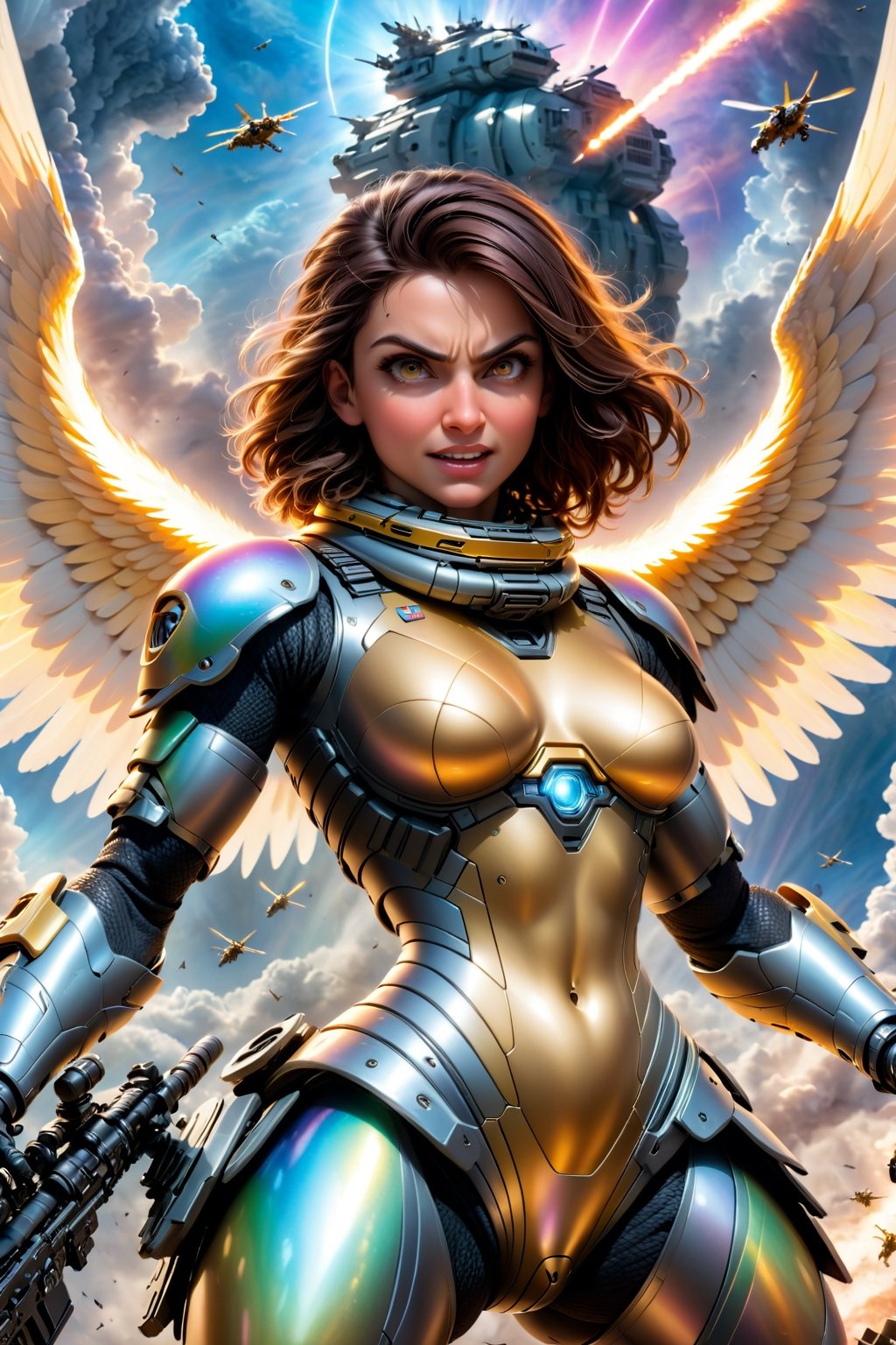 (Archangel Gabriela, angry face with a smirk :1.2), (armed with a realistic heavy machinegun:1.2), descending from the skies, 8k, dynamic lighting, hyperdetailed, intricately detailed, volumetric lighting, Canaletto photorealism movie poster, stunning, mythical being, energised, molecular textures, iridescent scales armor, breathtaking beauty, pure perfection, divine presence, unforgettable, impressive, auras, rays, reflects. 