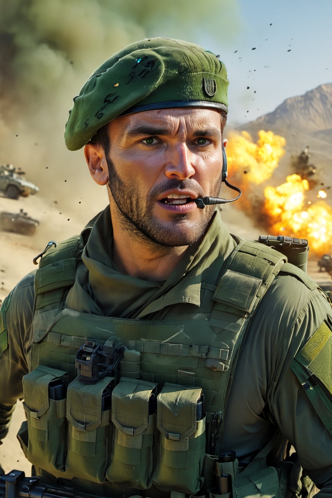 full shot, Realistic (green beret:2) soldier, art style of Greg Rutkowski, Julia Razumova, Carne griffiths, Karol Bak, 80s style computer action game, (green camouflage uniform:1.5), realistic face camouflage paint, badass John Doe, detailed face, angry eyes, running shouting and shooting, equipped with a ultrarealistic photorealistic detailed M60 machine gun, leg holder, Immense sharp detail of a missile base with launchers scenery, photorealistic movie 64k, explosions and tracer bullets flying, efx, fighting dynamic, vibrant, action-packed, detailed character design, reminiscent of action video games, Blurred Motion, ghosting effect, Dynamic motion blur,photo r3al,Movie Still