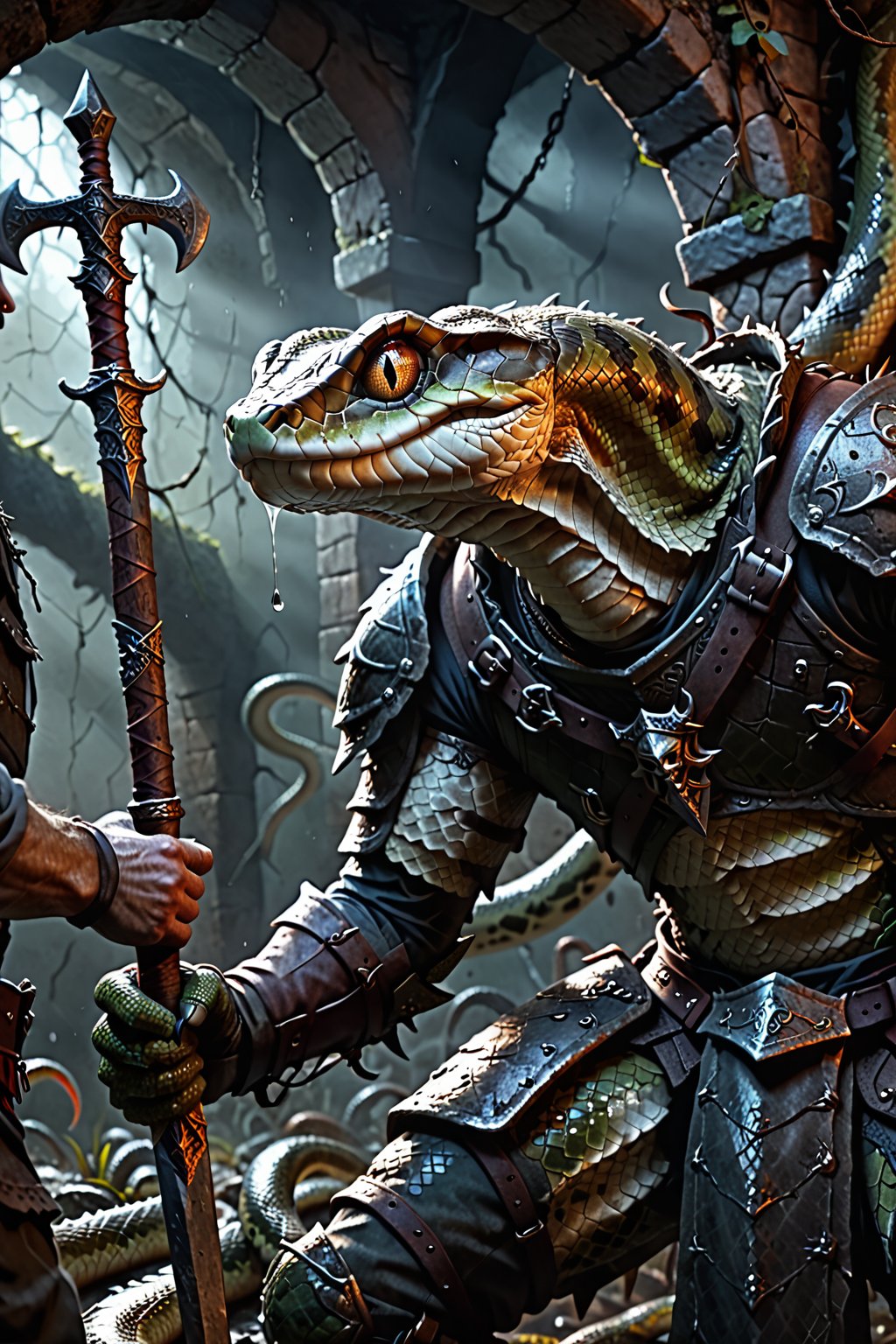 Dungeons & Dragons style art, (realistic Anthropomorphic monster Snake with human torso), (Immensely detailed Snake full body, Rough skin, Scaly skin, Textured skin), (wearing upper armor and large blade sword), rpg style game, sharp focus, Immense detail, low light, (ancient dark gloomy dungeon filled with fog, bones, old rusty swords and axes), spider webs, aged, decayed, mossy, Chiaroscuro, action, (Glittering close up, reflective eyes, rim lighting, lights, detailed eyes), cinematic, digital art, colorful, hyperrealistic art, extremely high-resolution details, photographic, realism pushed to extreme, fine texture, incredibly lifelike, reflective, 