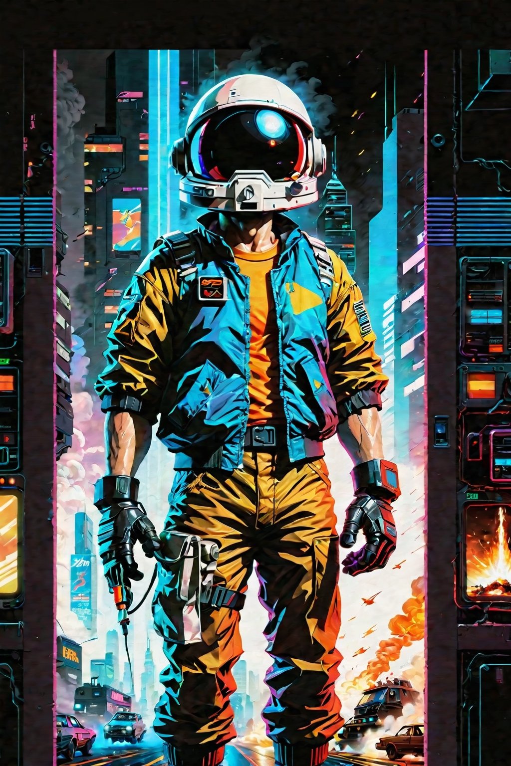 Bomb Jack, reimagined 80s zxspectrum game character, game poster style, digital painting, cover artist Dave Rapoza, 8k, concept art, sharp, intricate, highly detailed, UHD drawing, mastery, acrylic painting, style of makoto shinkai, jamie wyeth, james gilleard, edward hopper, greg rutkowski, score_9, score_8_up. 