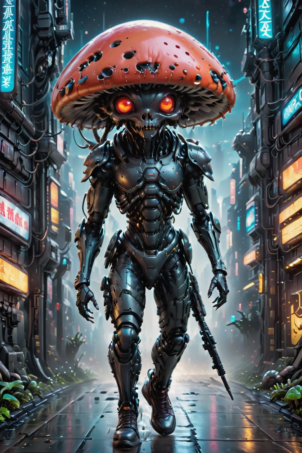 Glossy (Anthropomorphic walking alien mushroom creatures:1.2), with macabre faces inspired by Alex Horley's art style, invading Earth, specifically targeting Los Angeles city, dramatic lighting, golden ratio, ultra-realistic, digital painting. 