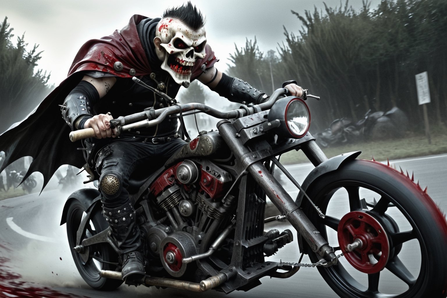 The caped Chainsaw biker, grotesquery, dark, eerie, hellish motorcycle, art by Yoann Lossel, spikes on wheels, bloody Macabre, 2000 AD comic style, red image filter, 3d ground view, High speed Slow motion, Dynamic motion blur, fisheye cam, dslr, raw photography, cinematic motion. 