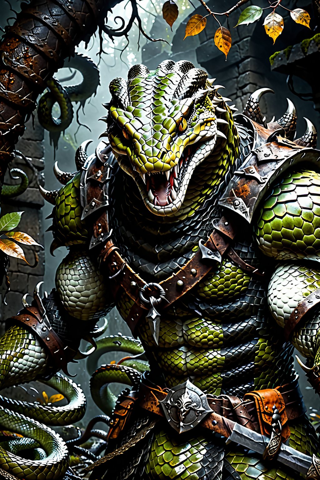 Dungeons & Dragons style art, (realistic Anthropomorphic monster Snake with human torso), (Immensely detailed Snake full body, Rough skin, Scaly skin, Textured skin), (wearing upper armor and large blade sword), rpg style game, sharp focus, Immense detail, low light, (ancient dark gloomy dungeon filled with fog, bones, old rusty swords and axes), spider webs, aged, decayed, mossy, Chiaroscuro, action, (Glittering close up, reflective eyes, rim lighting, lights, detailed eyes), cinematic, digital art, colorful, hyperrealistic art, extremely high-resolution details, photographic, realism pushed to extreme, fine texture, incredibly lifelike, reflective, 