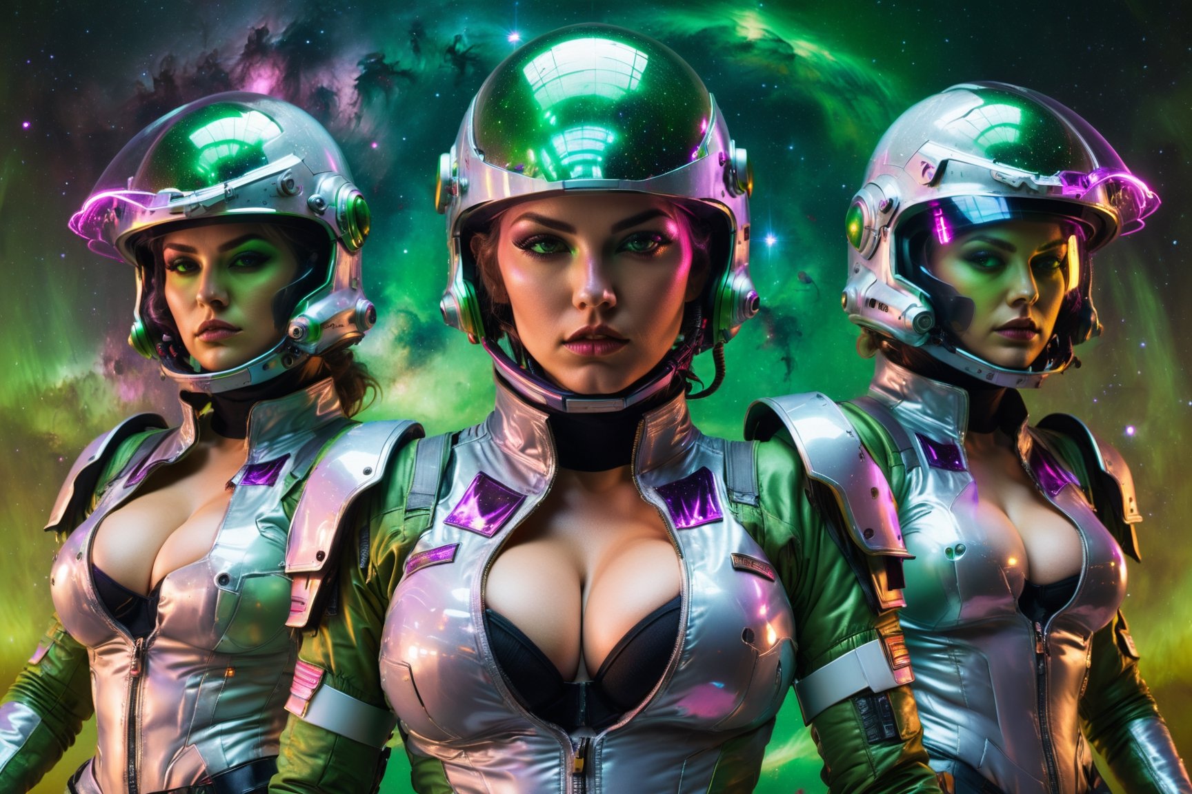 80s synthwave, remixed art by Carne griffiths, Chiaroscuro, reflective, ghosting effect, Star command, 80s style, (five women space squad:1.5) (big boobs:4), (wearing grey uniforms smooth spacesuits:2), (hermetic transparent globe helmets:3), (badass eyes, anger expressions:3), (armed with blasters:3.5), (green galaxy nebula in space background:2), wide angle cowboy shot,cyberpunk style,vaporwave style,photo r3al