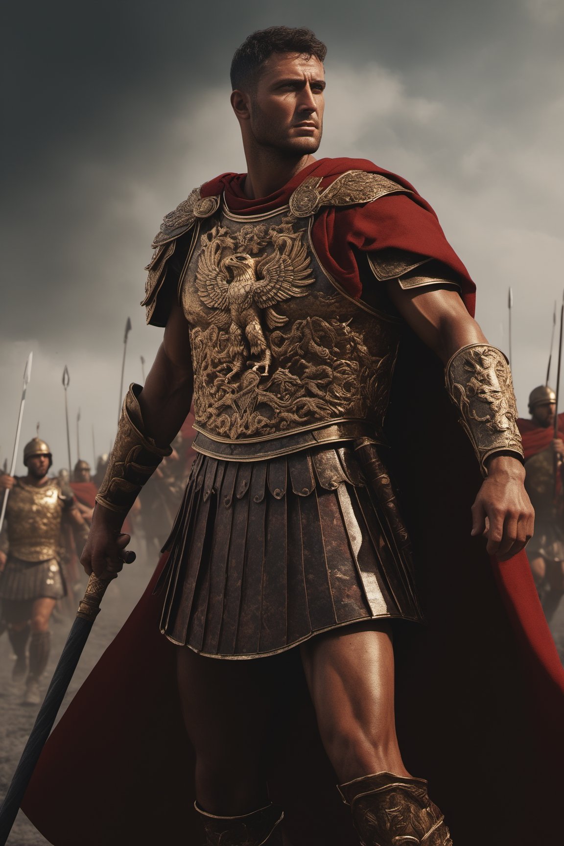 Full body picture, (Roman Centurion), bronze armor, red cape, (holding SPQR eagle staff:1.5), (standing tall over the battlefield), strong, rebellious, grunge, highly artistic, rough textures, incredible masterpiece, octane render, photorealism, hyperrealism, intricate details, ultra skin intricate clothes accurate hands, macro image detailed, shots, badass look, action, perfect eyes, best quality, extremely sharp focus face, analog fine film grain, cinematic, realistic, trending artstation, focus, studio photo, details, highly rutkowski, intricate, busy, raw, 4k, 8k, isometric, digital smog, 3d render, octane volumetrics, artwork masterpiece, ominous, matte painting movie poster, golden ratio, cgsociety,