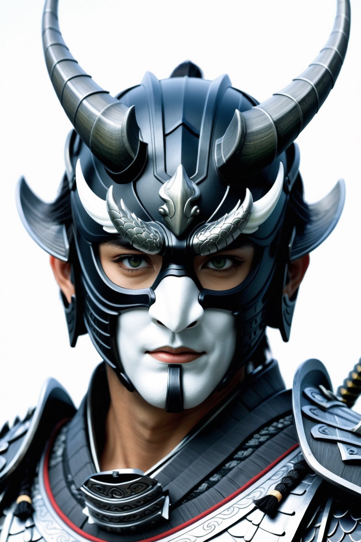 Unsplash by Karol Bak, luis royo, Peter Mohrbacher, Derrick Che, (realistic samurai shogun:1.3), (dark matte grey dragon armour:1.3), (rage mask, white iris eyes:1.2), ZBrush final render, additional Blender details, Realistic 3d effect, Extremely Realistic, cinematic moviemaker style