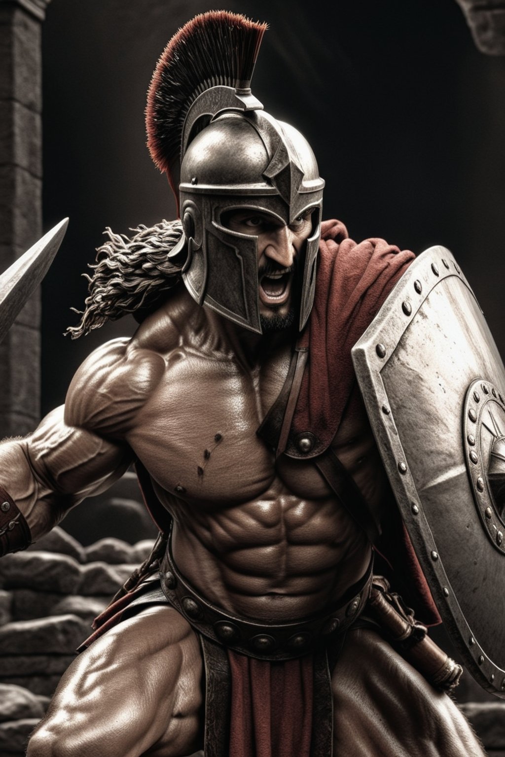 photo realism, 15mm wide-angle lens, masterpiece Art by Joe Jusko and joe madureira, (Extremely perfect, exagerated muscled anatomy:1.4), (Greek hoplite Spartan, holding a spear and shield:1.3), ultra photoreal, photographic, concept art, cinematic lighting, cinematic composition, ultra-detailed, ultra-realistic, photorealism, 8k, octane render, cinematic, realistic, highly detailed, UHD, perfect composition, beautiful, intricate, insanely detailed, rays, reflects. 