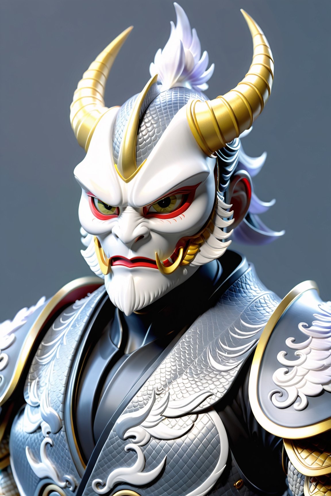 (realistic samurai shogun:1.2), (grey smooth dragon koi armour:1.2), (rage mask, white iris eyes:1.5), ZBrush final render, additional Blender details, Realistic 3d matte effect, smooth lines, whimsical, Extremely Realistic, 