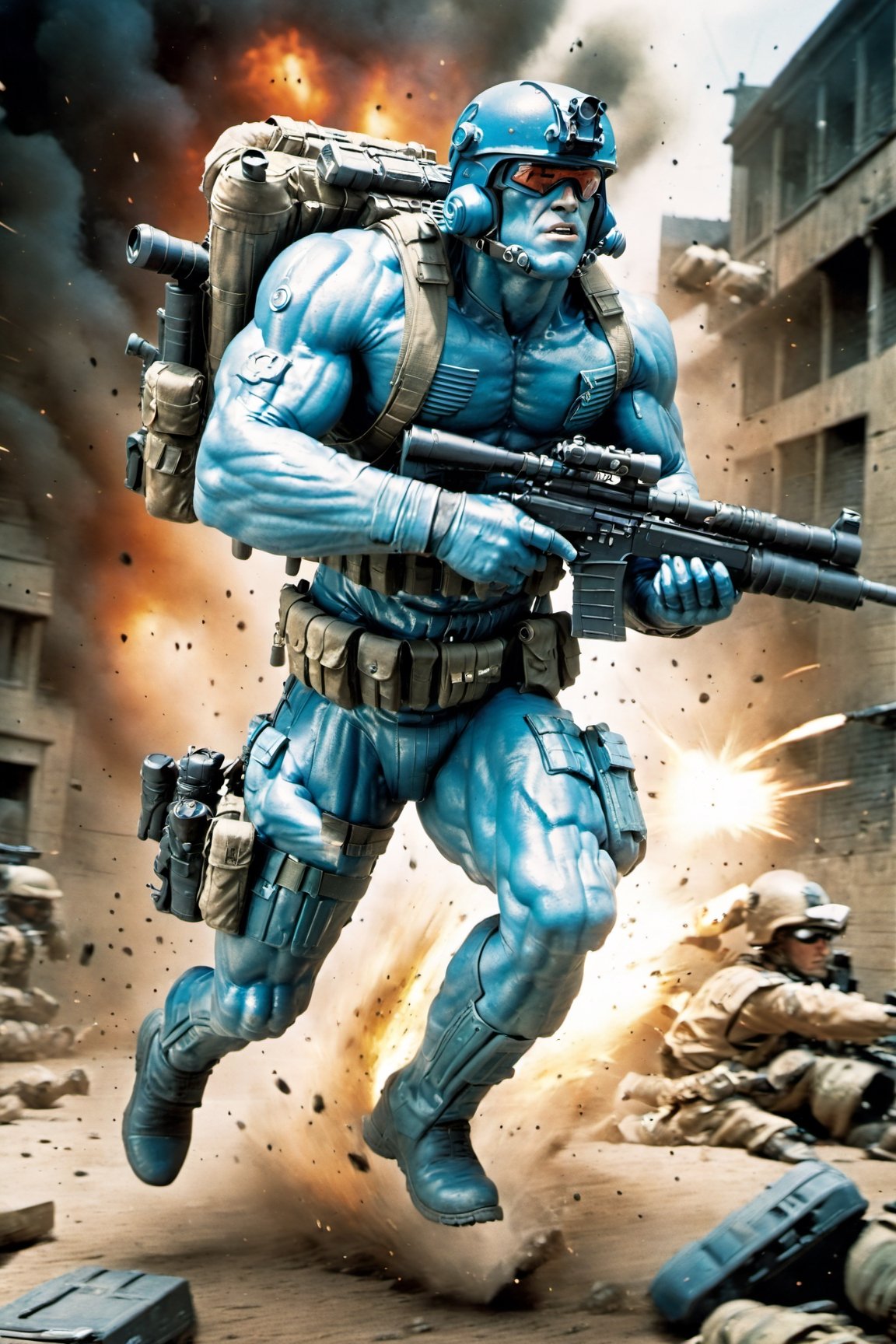 2000AD style, (Rogue Trooper:1.2), (muscular:1.2), blue skin, military sci-fi, (running in a battlefield:2), Dynamic motion blur, Laser sharp Immense detail, fov, full shot,NightmareFlame