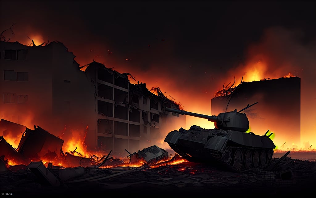 dark theme, in a battlefield, no one alive, soldiers dead bodies all around the ground, foggy, aircraft crashes on a building, tanks crashed each other and on flames, bloody, reddish, building broken and in flames, in a city with bu