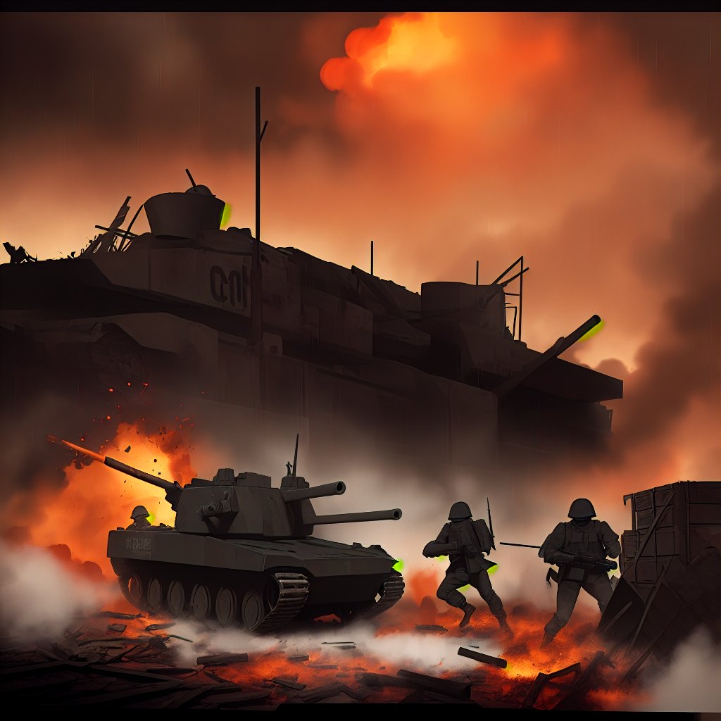 dark theme, in a battlefield, lots of tanks are in reddish fire and damaged while lots of soldiers are dead bodies on the ground with smoke coming out and crates, raining heavily, 4K, battlefield is in a city with broken buildings with reddish fire over it, airplanes on sky and being shot by bright long arrows which is known as anti-air, soldiers charging and some are dying, bloody, foggy and reddish, lots of long bright yellow line that represent as bullets flying around