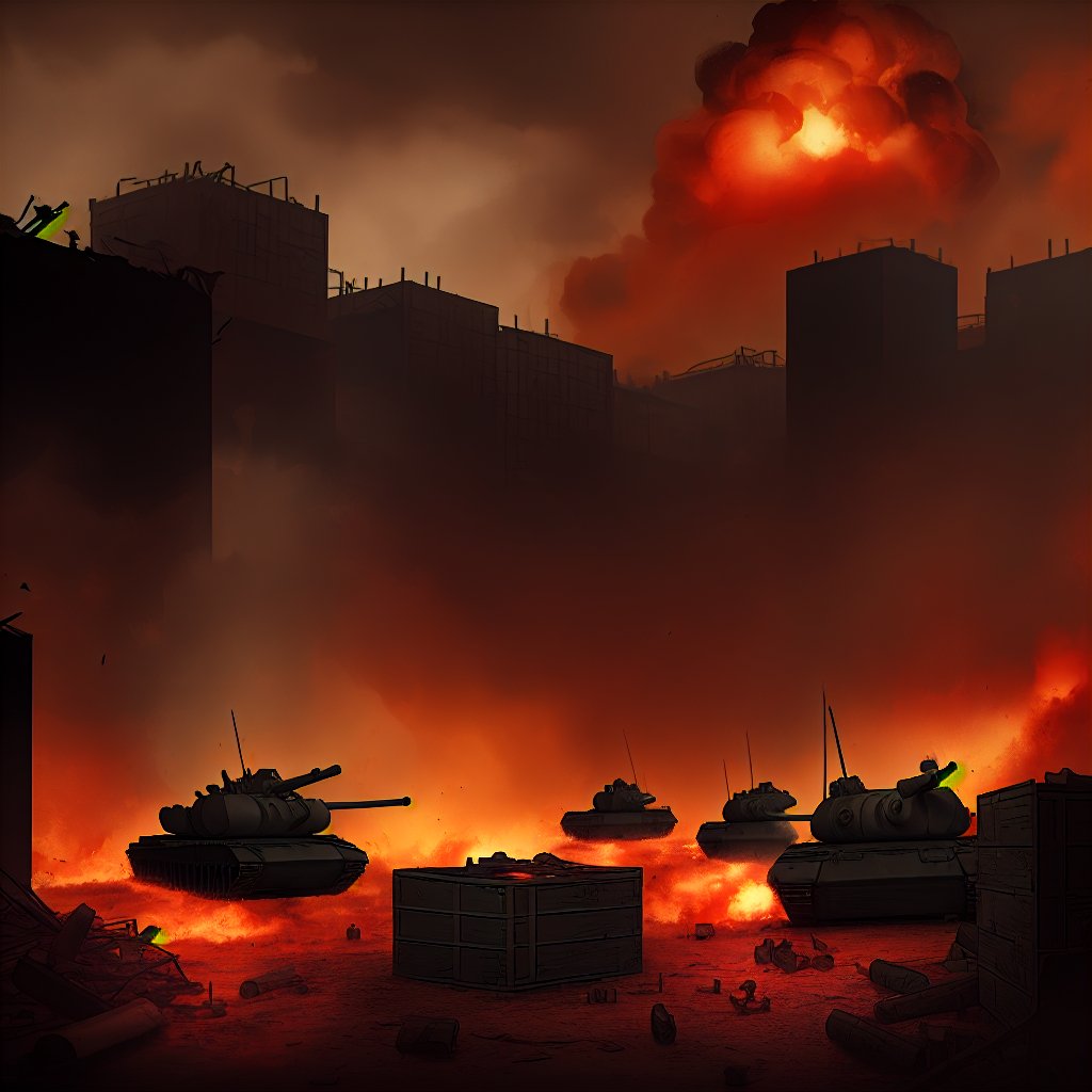 dark theme, in a battlefield, lots of tanks are in reddish fire and damaged while lots of soldiers are dead bodies on the ground with smoke coming out and crates, raining heavily, 4K, battlefield is in a city with broken buildings with reddish fire over it, airplanes on sky and being shot by bright long arrows which is known as anti-air, soldiers charging and some are dying, bloody, foggy and reddish, lots of long bright yellow line that represent as bullets flying around