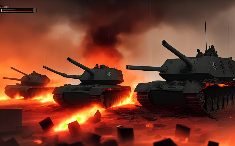 dark theme, in a battlefield, lots of tanks are in reddish fire and damaged while lots of soldiers are dead bodies on the ground with smoke coming out and crates, raining heavily, 4K, battlefield is in a city with broken buildings with reddish fire over it, airplanes on sky and being shot by bright long arrows which is known as anti-air, soldiers charging and some are dying, bloody, foggy and reddish, lots of long bright yellow line that represent as bullets flying around