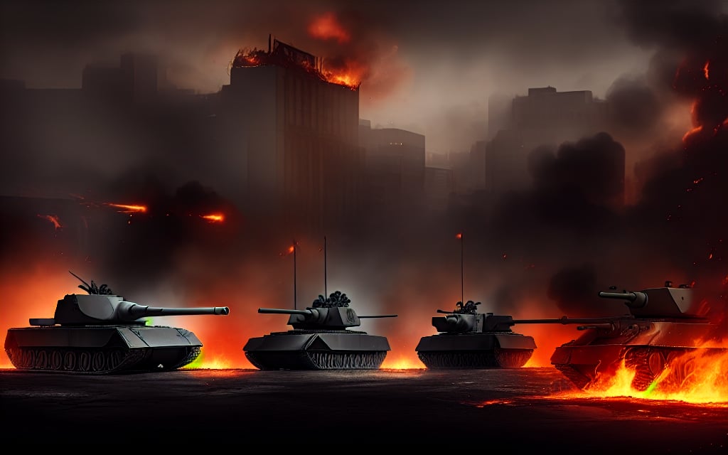 dark theme, in a battlefield, city is berlin, lots of soldiers are defending the town against lots of enemy soldiers and tanks, fire, foggy, reddish, blood, deads, tank destroyed and on fire, aircraft falling with flames in the mid-air