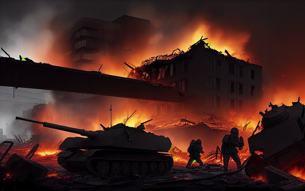 dark theme, in a battlefield, no one alive, soldiers dead bodies all around the ground, foggy, aircraft crashes on a building, tanks crashed each other and on flames, bloody, reddish, building broken and in flames, in a city with bu