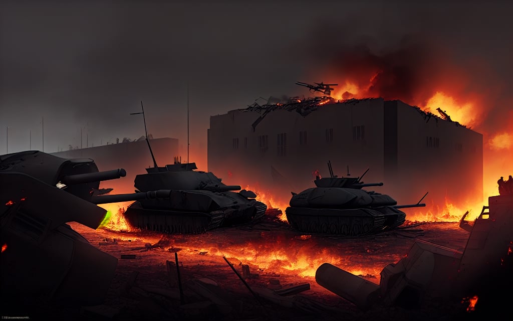 dark theme, in a battlefield, no one alive, soldiers dead bodies all around the ground, foggy, aircraft crashes on a building, tanks crashed each other and on flames, bloody, reddish