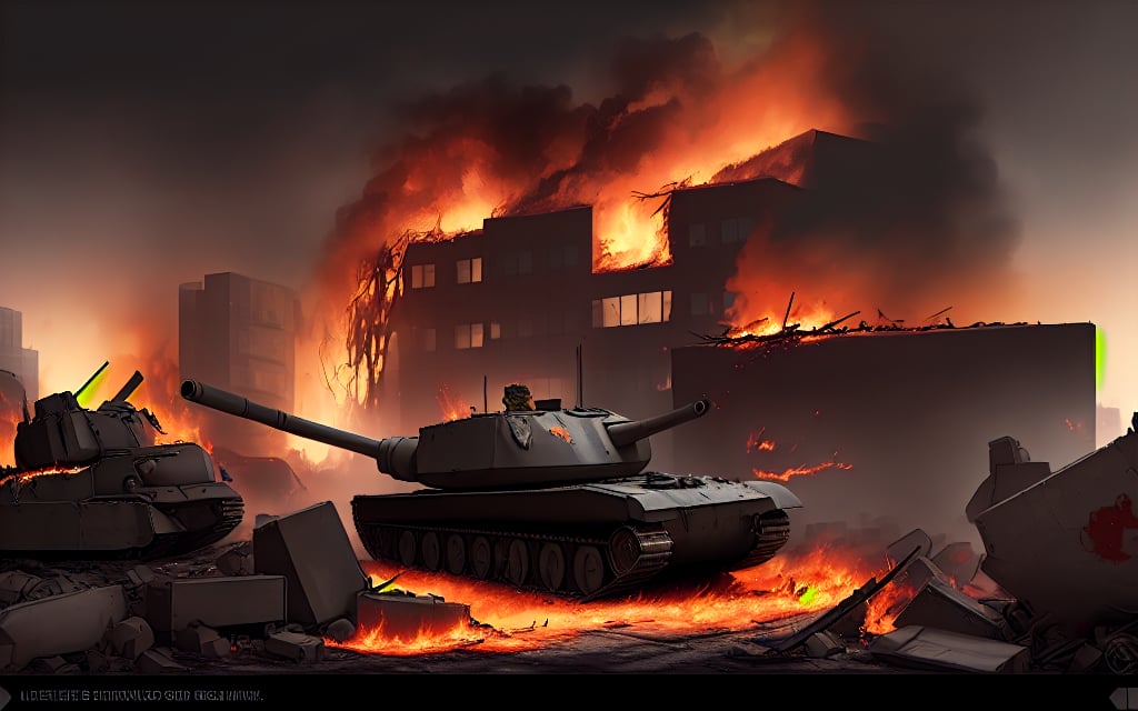 dark theme, in a battlefield, no one alive, soldiers dead bodies all around the ground, foggy, aircraft crashes on a building, tanks crashed each other and on flames, bloody, reddishilding broken and in flames, in a city with bu