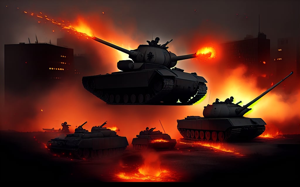 dark theme, in a battlefield, city is berlin, lots of soldiers are defending the town against lots of enemy soldiers and tanks, fire, foggy, reddish, blood, deads, tank destroyed and on fire, aircraft falling with flames in the mid-air
