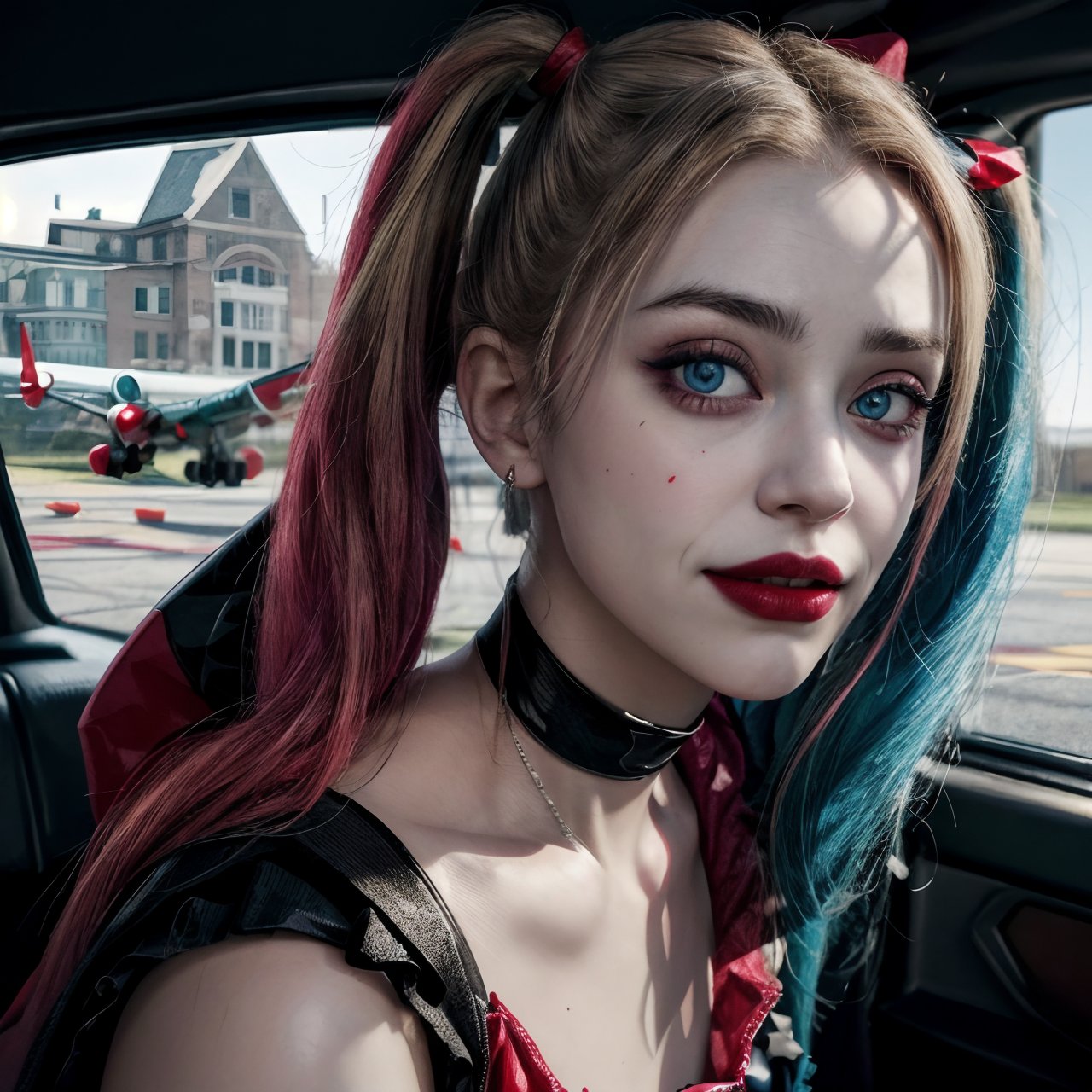 (8k, RAW photo, best quality, masterpiece:1.2), (photo realistic), (intricate details), (best quality), (high resolution), ((perfect eyes)), perfect face, perfect lighting, vivid colors, vivid colors, 1girl, harleyquinn, triangular cheek, full body, harleyquinn, harleyquinn, first plane, 