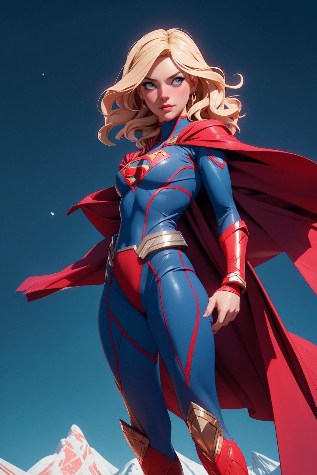 1girl, Highly detailed RAW color Photo, poised poise, superhero_pose, Full Body, ((portrait of supergirl)) age 18, ((dynamic_pose)), ((flying_midair)), ((fighting)), ((long_red_cape)), ((fully_suit_red_blue_white_gold)), beautiful face, symmetrical face, tone mapped, intricate, elegant, highly detailed, digital painting, concept art, red and blue, smooth, sharp focus, colorfull, depth of field, octane render,  art by artgerm and alphonse mucha, trending on artstation, cinematic animation still, by lois van baarle, ilya kuvshinov, metahuman, outdoors, toned body, (sci-fi), ((cloudy_blue sky)), (mountains:1.1), (lush green vegetation), (two moons in sky:0.8), (highly detailed, hyperdetailed, intricate), (lens flare:0.7), (bloom:0.7), particle effects, raytracing, cinematic lighting, shallow depth of field, photographed on a Sony a9 II, ((35mm f1.8_wide angle lens)), sharp focus, cinematic film still from Gravity 2013, short_curly_hair, average_breasts, blond_curly_hair, green-eyes, ((sexy_pink_lips)), intricate_detail, realistic, detailed_background, (8k, RAW photo, best quality, masterpie ce:1. 2), detailed_skin, sharp_eyes, beautifull, looking_at_camera, beautiful detailed eyes, beautiful detailed lips, high detailed skin, detailed background, 8k uhd, dslr,photorealistic, perfect hand, perfect fingers, big_breasts, Detailedface, 3DMM